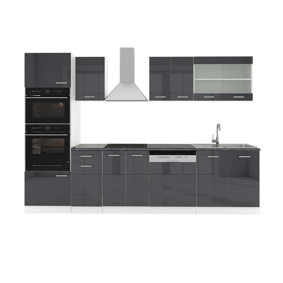 KÜCHENZEILE R-Line Anthrazit Hochglanz/Weiß 300 cm mit Hochschrank AP Anthrazit - Anthrazit/Weiß, Holzwerkstoff (300/81.6/60cm) - Vicco