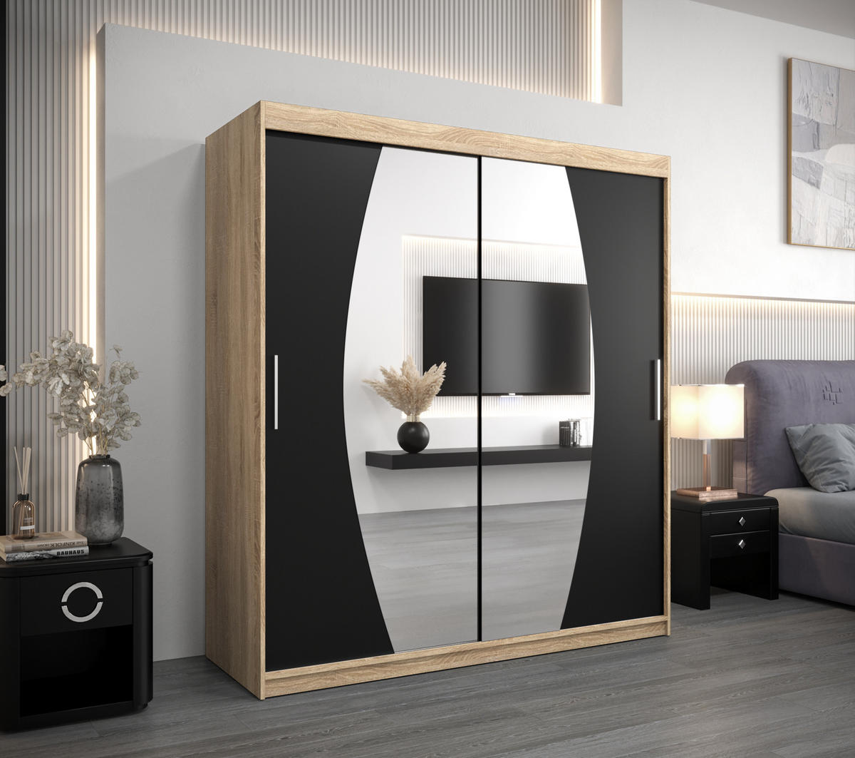 SCHWEBETÜRENSCHRANK 200/180/62 2-türig - Silberfarben/Schwarz, Holz/Kunststoff (180/200/62cm) - Abiks Möbel