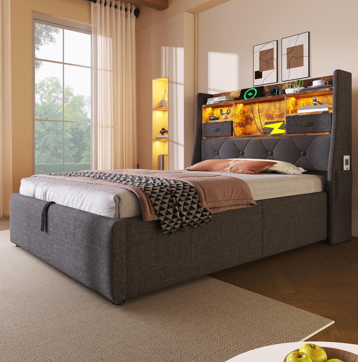 POLSTERBETT aus Leinen 90x200 cm in Grau mit Stauraum, LED & Ladestation - Grau, Textil (90/200cm) - Modfu
