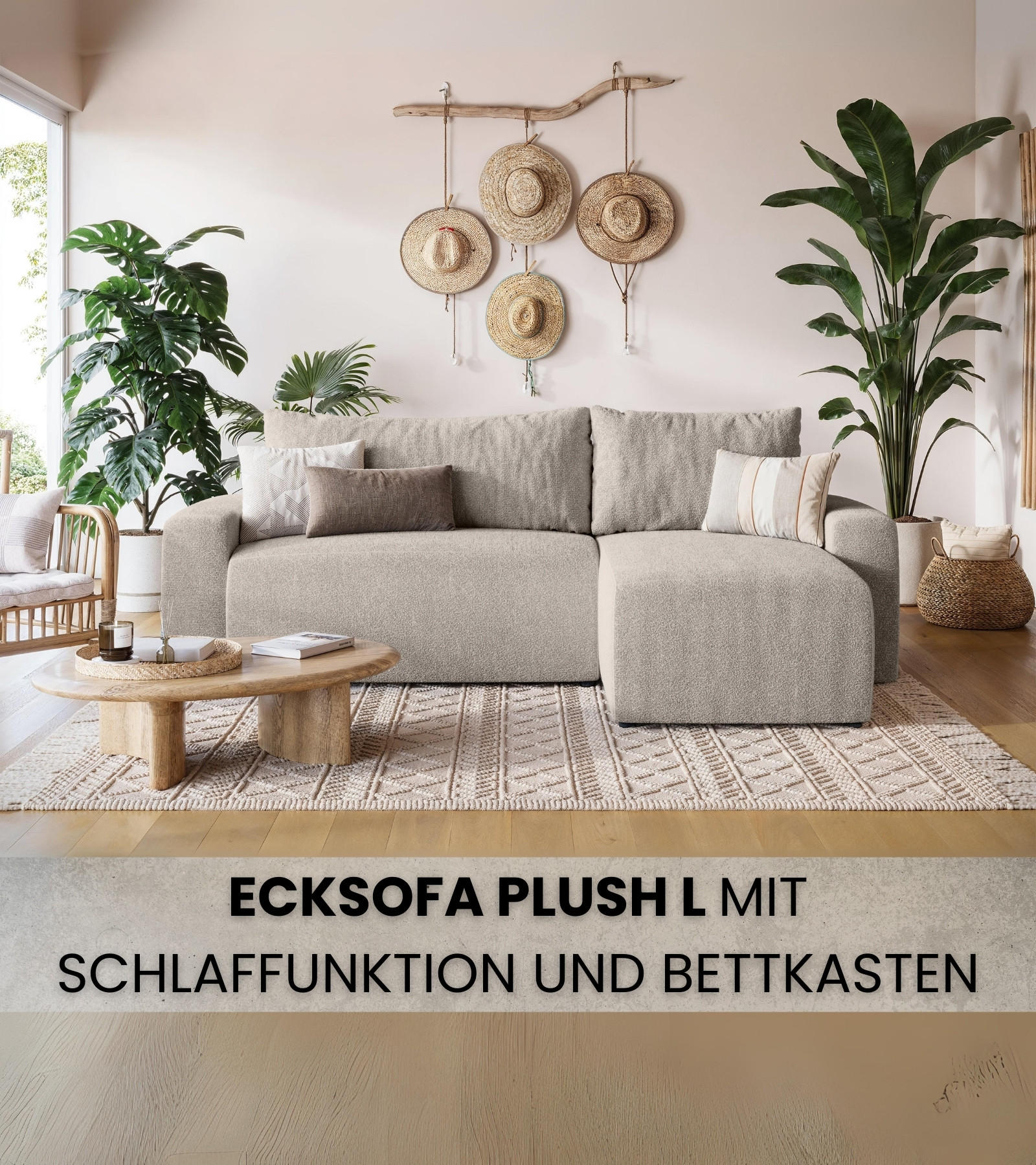 ECKSOFA PLUSH mit Schlaffunktion Ecru Boucle - Ecru, Textil (240/145cm) - Bromarkt