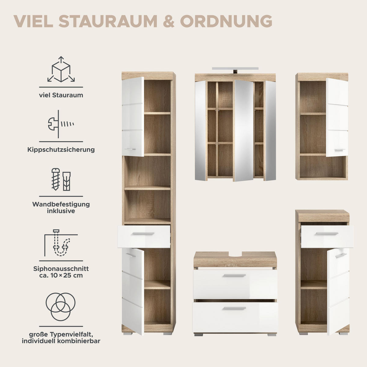 BADKOMBINATION 5tlg. Lambada Bad in Sonoma Eiche hell und weiß hochglanz B/H/T: 164x191x34 cm - Sonoma Eiche, Holz (164/191/37cm)