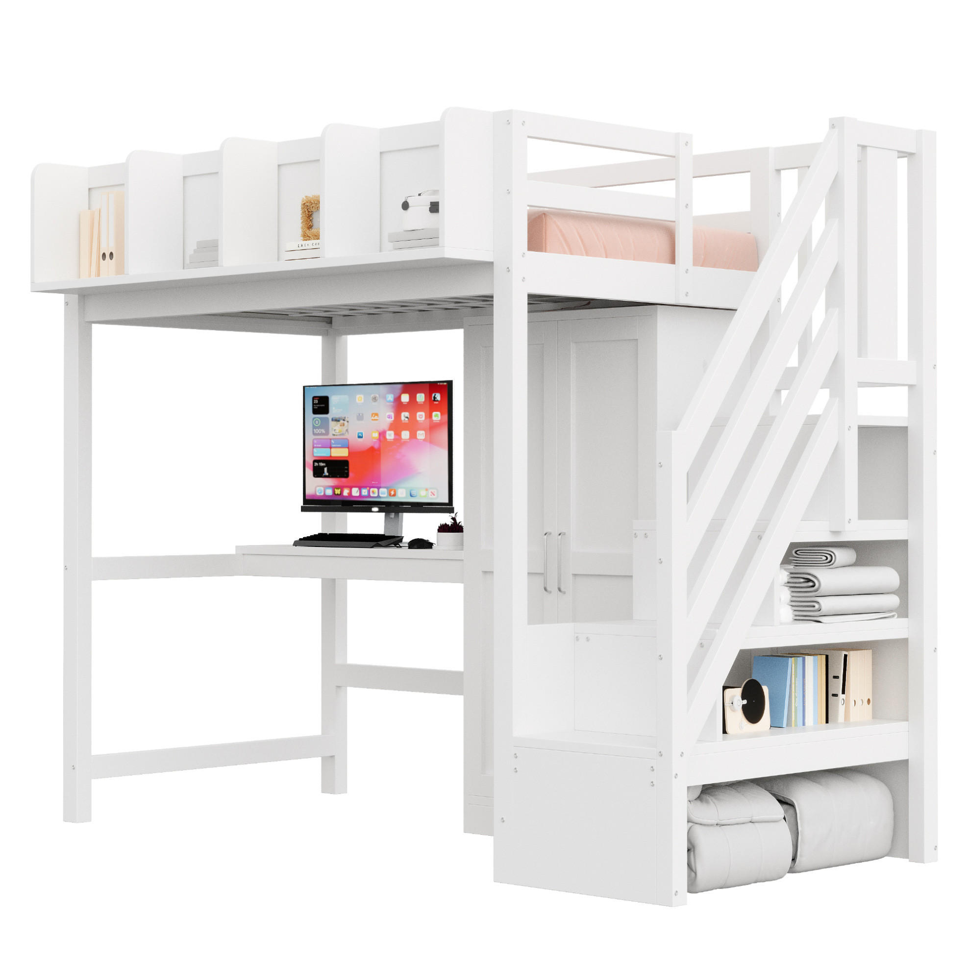 HOCHBETT 90/200 cm aus Holz mit Schreibtisch Kleiderschrank LED und Stauraumleiter Weiß - Weiß, Holz (90/200cm) - Modenvie