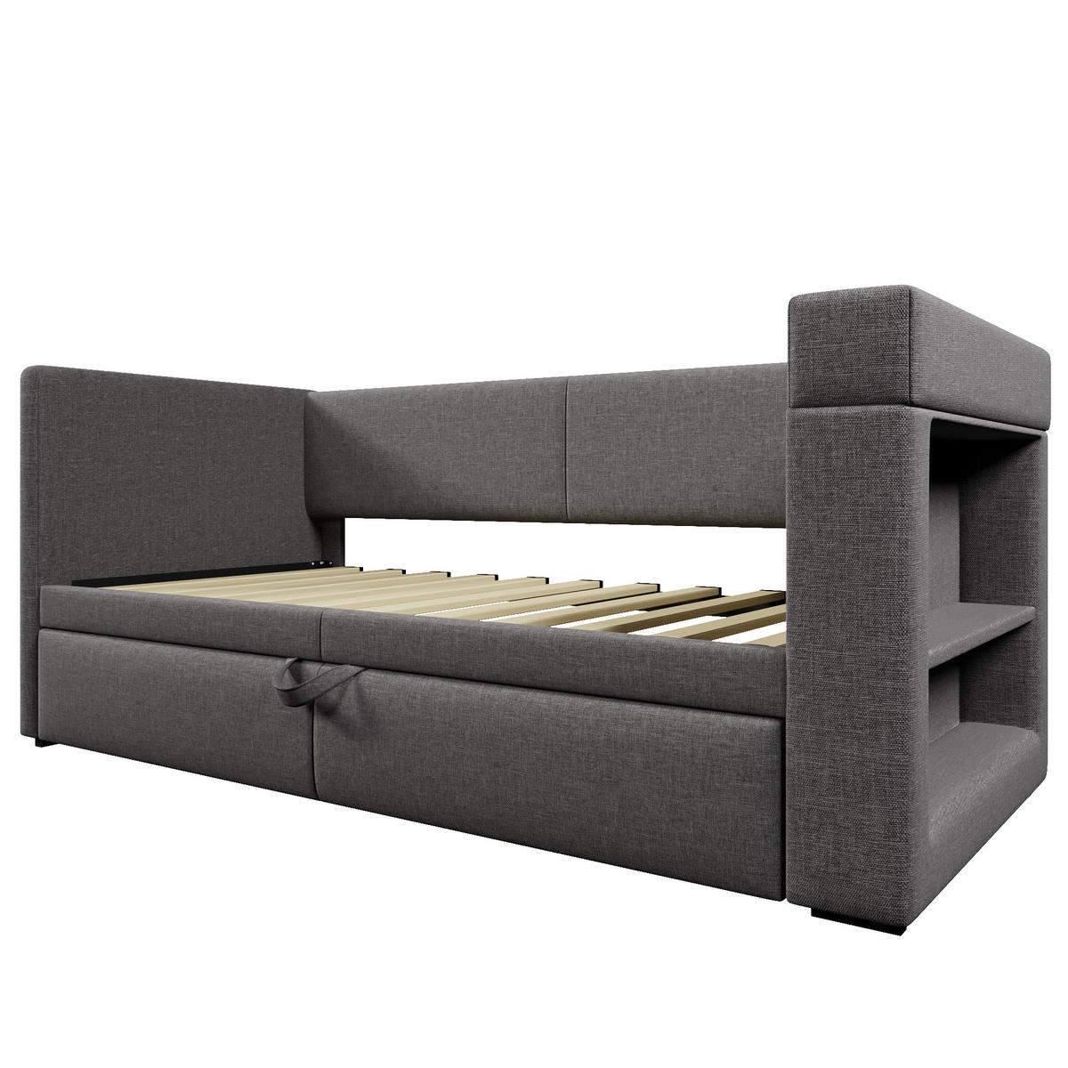 POLSTERBETT 90/200 cm mit Ausziehbett, USB- und Type-C-Anschluss, Getränkehaltern und Ablagen, Baumwoll-Leinen-Bezug, Grau - Grau, Textil (90/200cm) - Redom