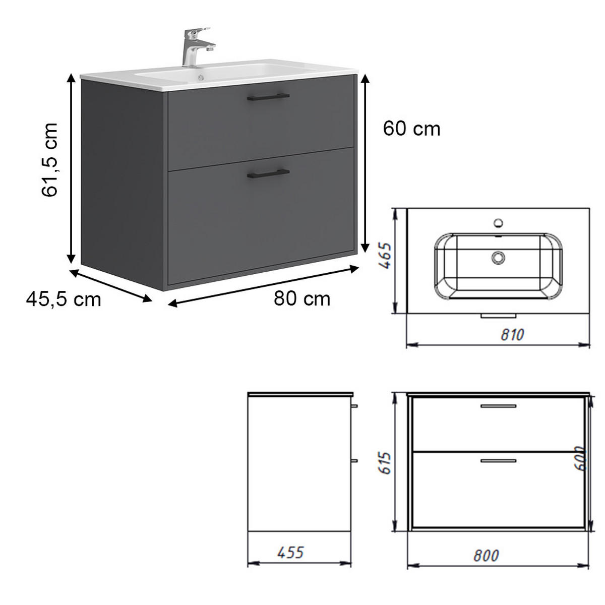 WASCHBECKENUNTERSCHRANK Lanco Anthrazit 80 x 61.5 cm mit Waschbecken - Anthrazit, Holzwerkstoff (80/61.5/45.5cm) - Vicco