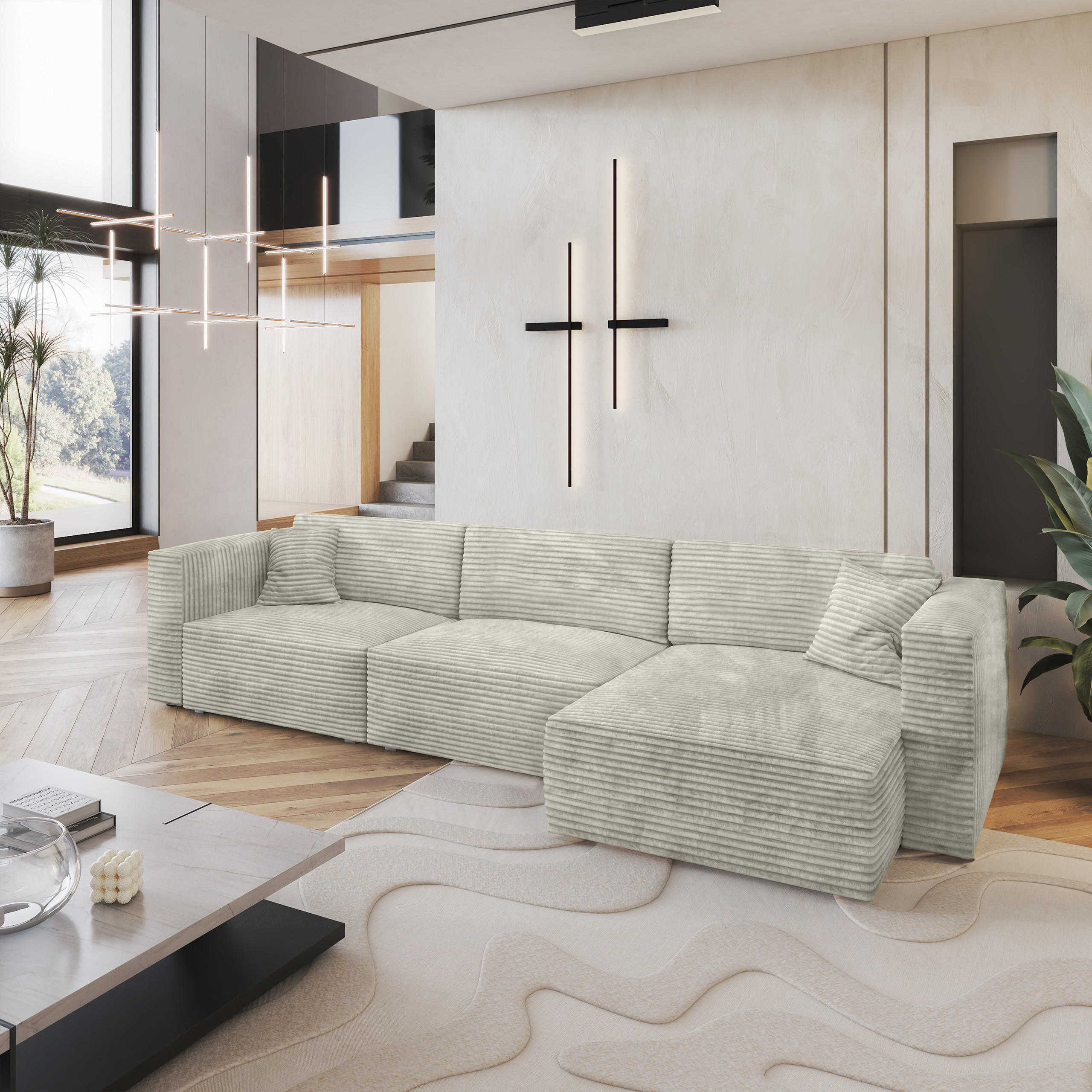 ECKSOFA TOLMO Hellgrau Kordstoff mit Schlaffunktion - Hellgrau, Holz (347/148cm) - MASSENO