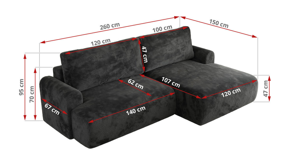 ECKSCHLAFSOFA TONO L Dunkelgrau Plüsch - rechts - Dunkelgrau/Schwarz, Kunststoff/Textil (150/260cm) - MKS