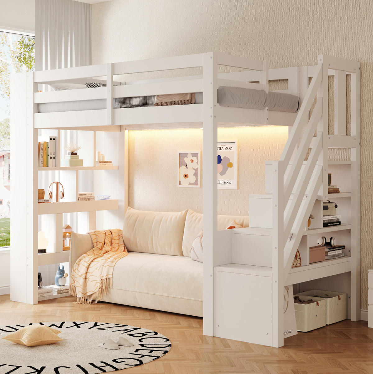 HOCHBETT aus Kiefernholz 90x200 cm Weiß mit Stauraumtreppe, Regalfächern und LED-Beleuchtung - Weiß, Holz (90/200cm) - Modfu