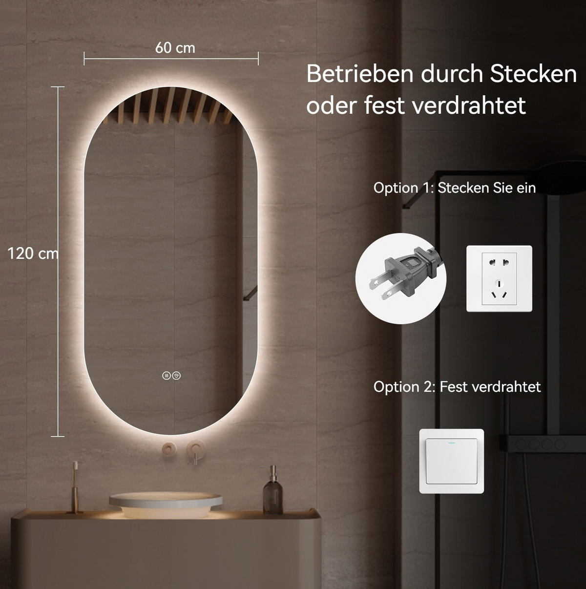 LED Badezimmerspiegel 60x120x3cm,Silber mit 3 Lichtfarben, Entspiegelung & zwei Anschlussarten - Silberfarben, Glas (3/120/60cm) - Modfu
