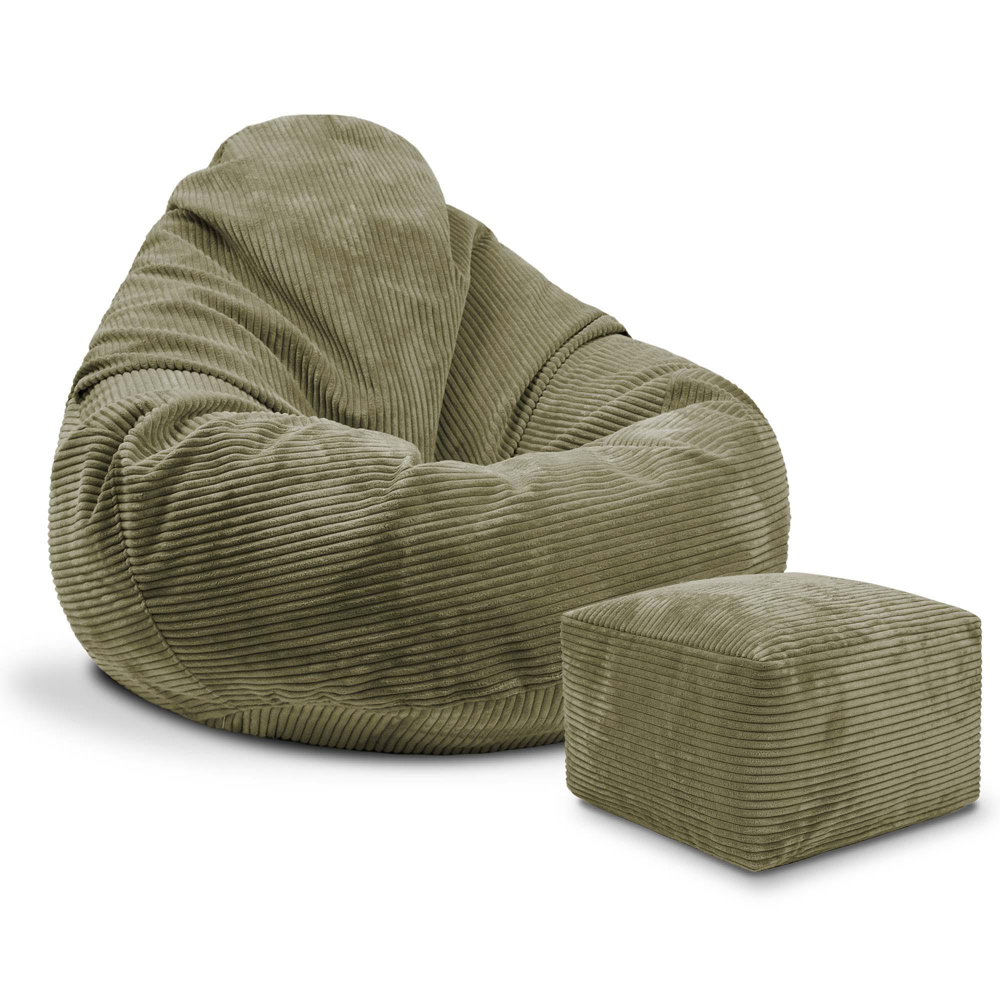 SITZSACK PARADISE MIT FUßSTÜTZE Kordsamt 2-tlg Dark Olive M - Olivgrün/Grün, Textil (90/100/90cm) - Dreamroots
