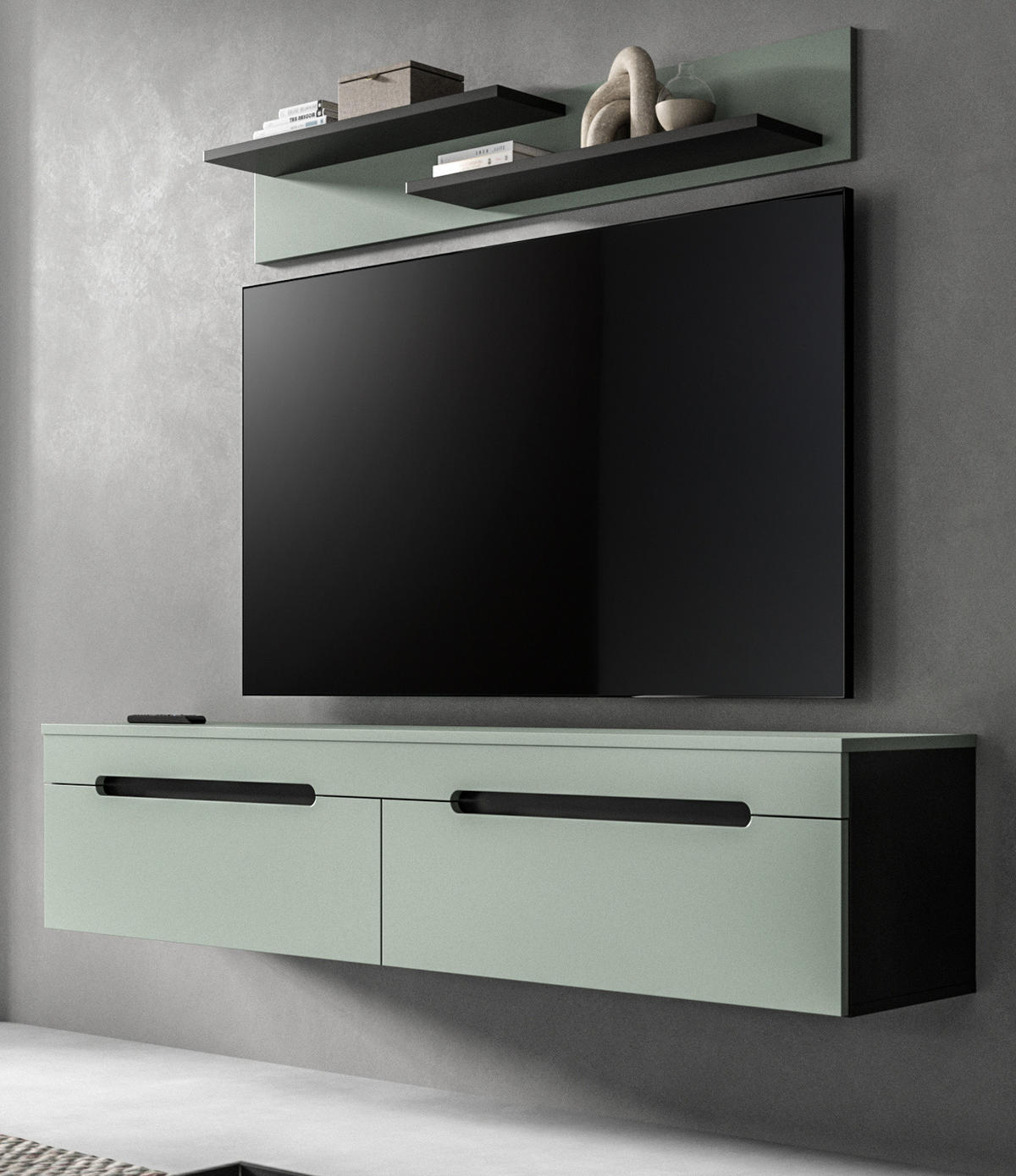 WOHNKOMBINATION Salbei grün, grau, 2er Set Lowboard 170 cm und Wandboard - Salbeigrün/Schwarz, Holzwerkstoff/Kunststoff (170/180/33cm) - Inn.Furn