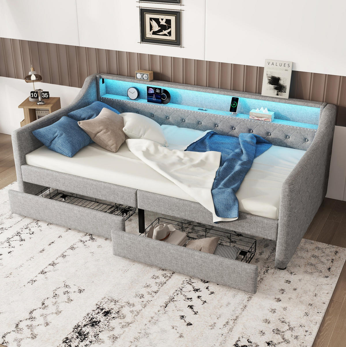 BETT 90/200 cm Grau mit 2 Schubladen, USB-Anschluss und LED-Beleuchtung - Grau, Textil (90/200cm) - Flora Grace