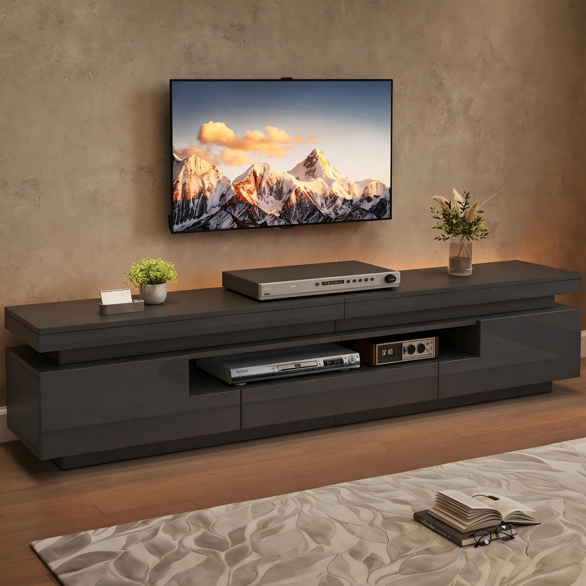 TV-ELEMENT 175/38/45 cm Hochglanz Schwarz mit LED-Beleuchtung und Stauraum - Schwarz, Holzwerkstoff (38/45/175cm) - Korfee