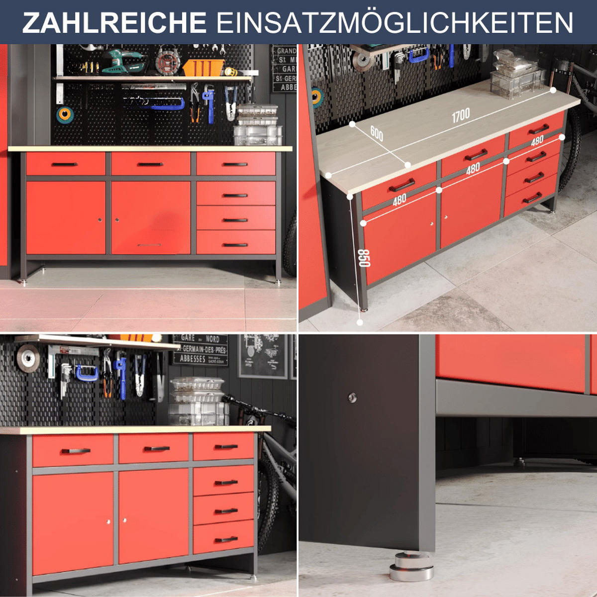 WERKBANK Werkstatt KARL 2x Tür 85x170x60cm Anthrazit-Rot - Anthrazit, Metall (170/85/60cm) - DELUKE