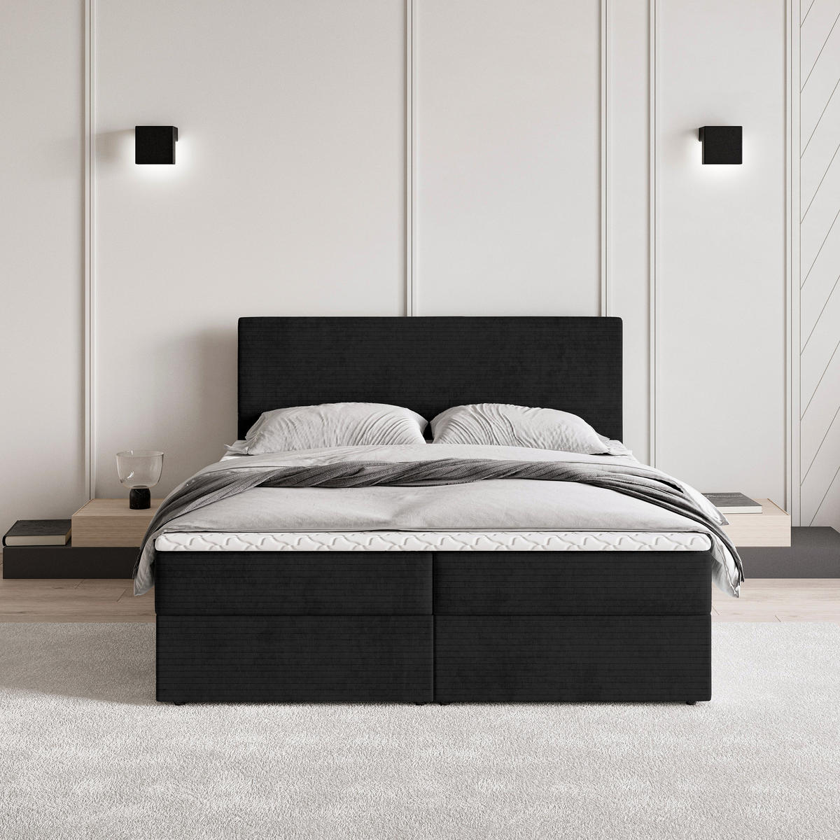 BOXBETT NIRA 140x200 cm mit Matratze und Topper - Schwarz - Schwarz, Holz (140/200cm) - MASSENO