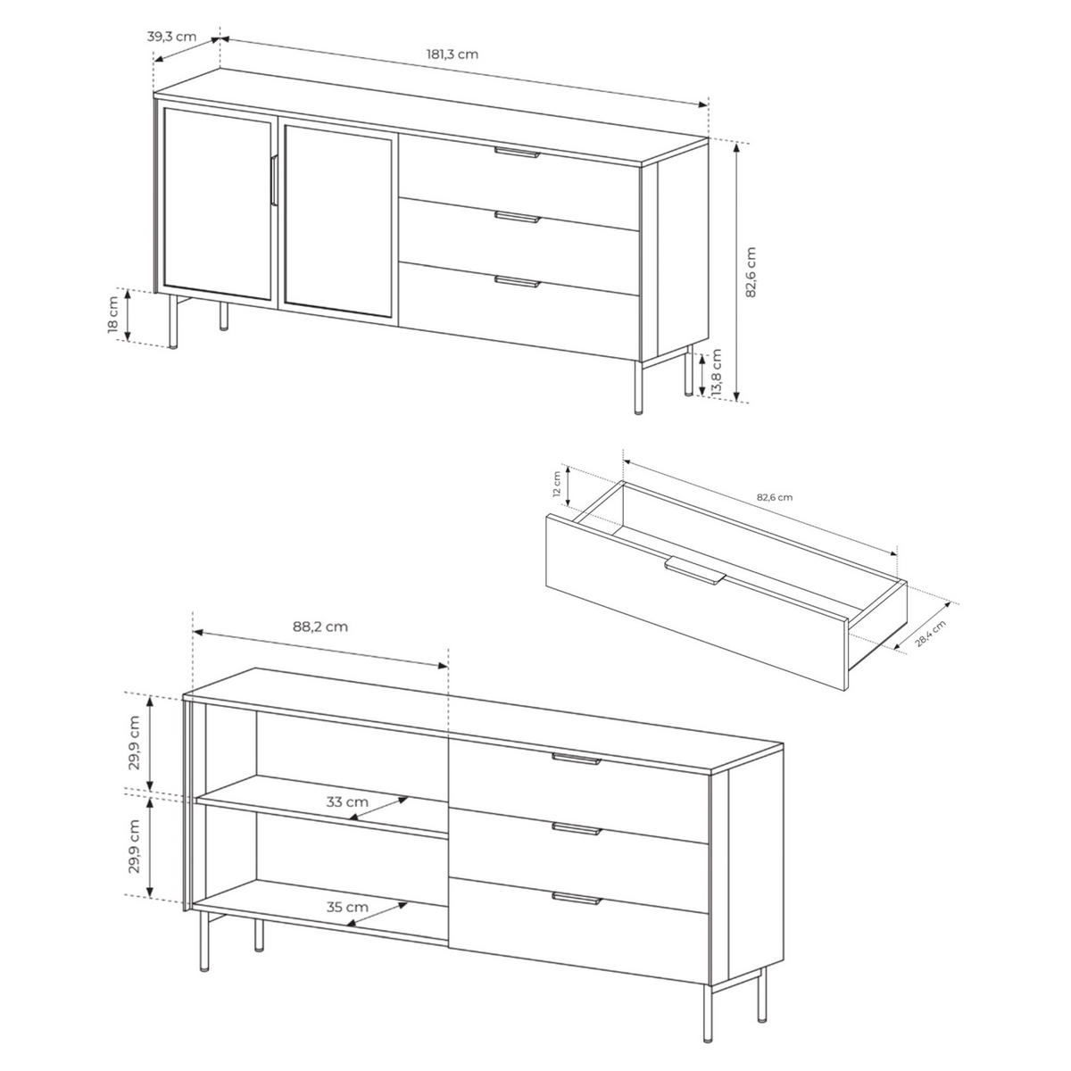 SIDEBOARD Lumi 2-türig mit Glasfronten Eiche Dunin 181 cm - Dunkelbraun/Schwarz, Holzwerkstoff/Metall (181.3/82.6/39.3cm) - Selsey