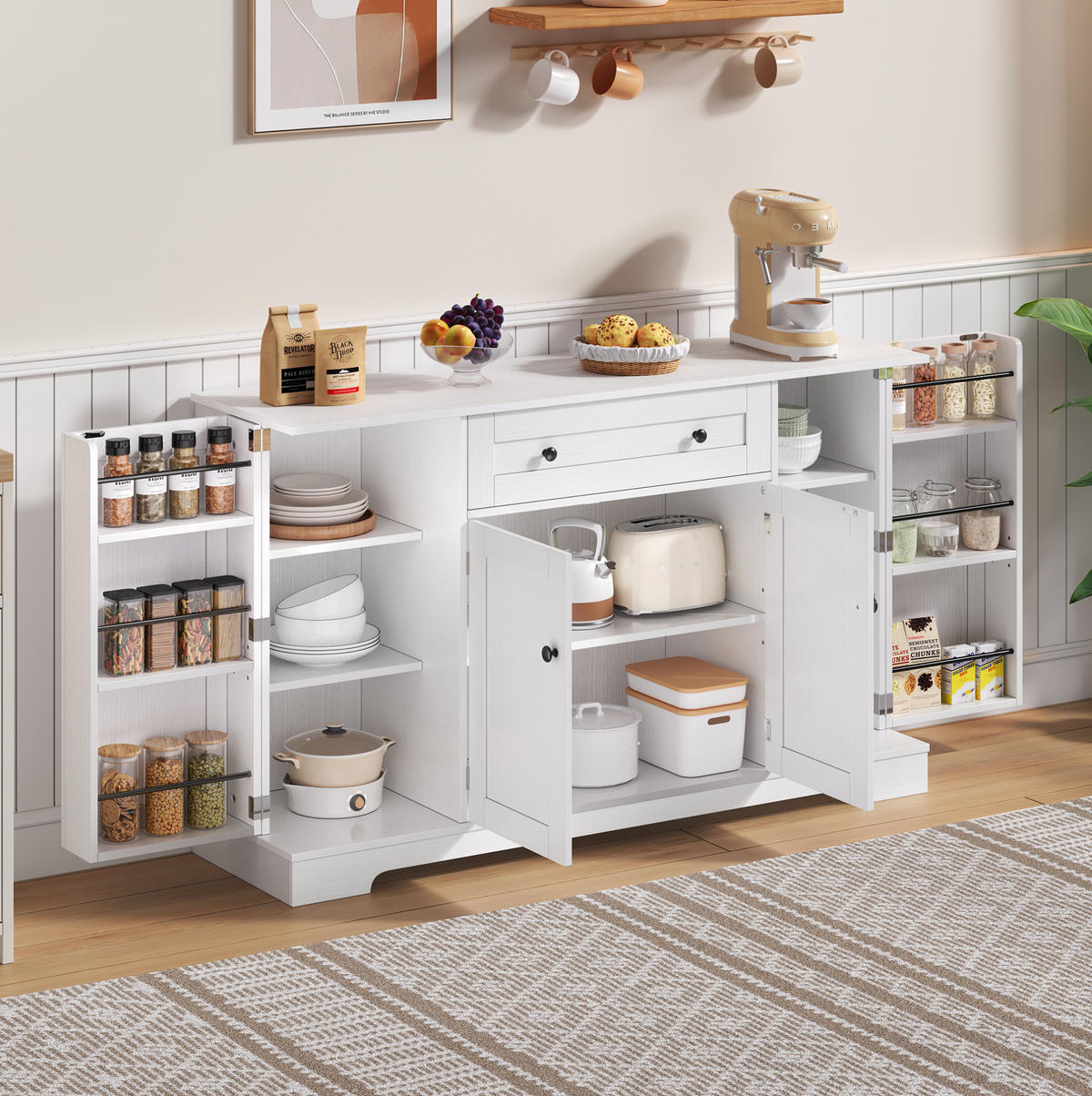 SIDEBOARD mit Schublade 138 cm MDF White 2 Seitenschränke - Beige, Holzwerkstoff (138/85/40cm) - Meubliv