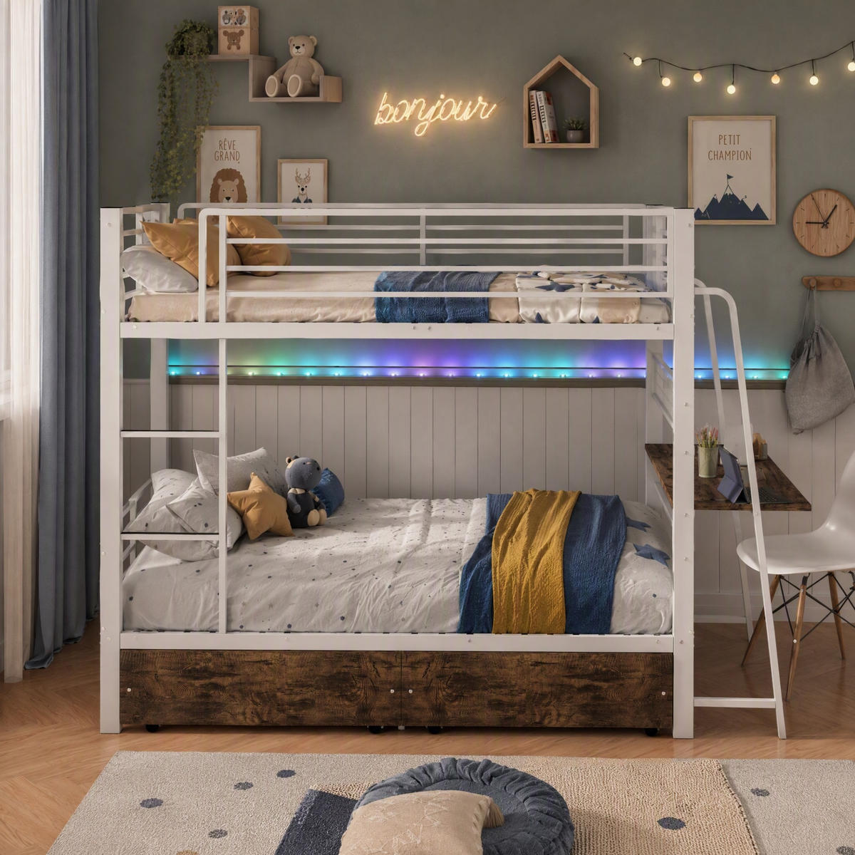 HOCHBETT aus Metall und MDF 140x200 cm Mattweiß mit Schreibtisch, RGB-LED, Steckdosenleiste und Schubladen - Weiß, Holzwerkstoff (140/200cm) - Modfu