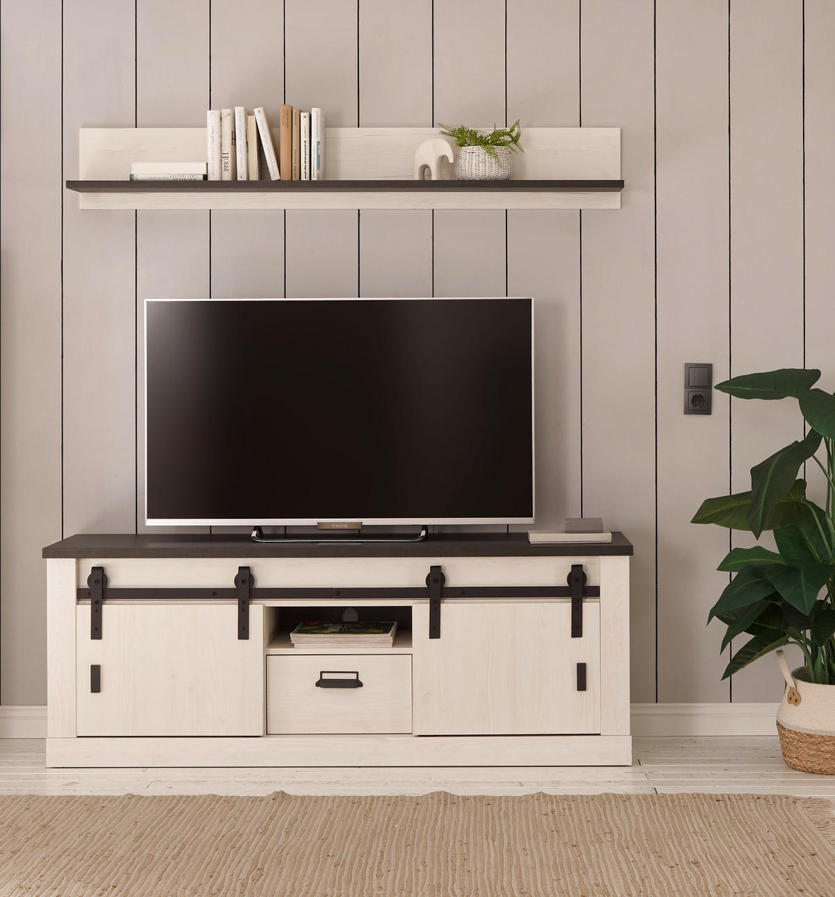 TV-LOWBOARD weiß Pinie, anthrazit, Landhaus, TV Unterteil Komforthöhe 162 x 61 cm - Anthrazit/Weiß, Holzwerkstoff/Metall (162/61/43cm) - Furn.Design