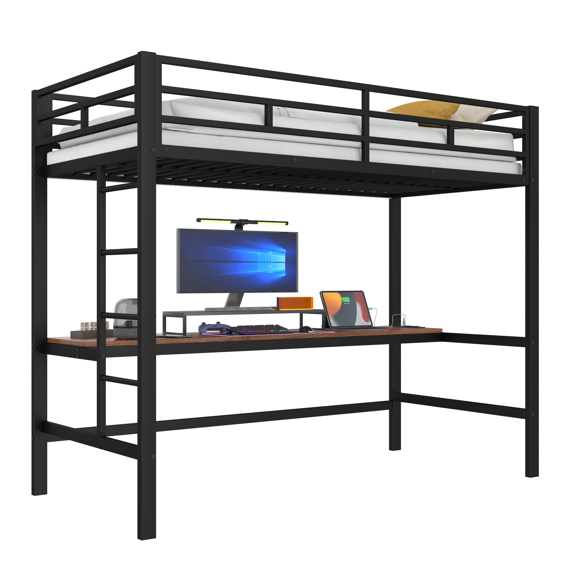HOCHBETT 90/200 cm aus Metall mit Schreibtisch, LED-Beleuchtung und Anschlüssen - Schwarz, Metall (90/200cm) - Flora Grace
