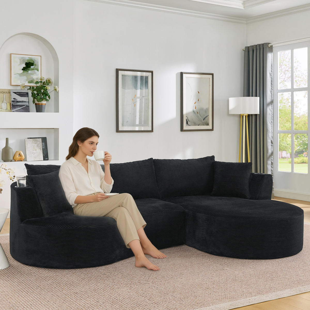 SOFA 3-Sitzer bogenförmig mit Getränkehaltern Kordstoff Schwarz - Schwarz, Textil (168/264.1cm) - Meubliv