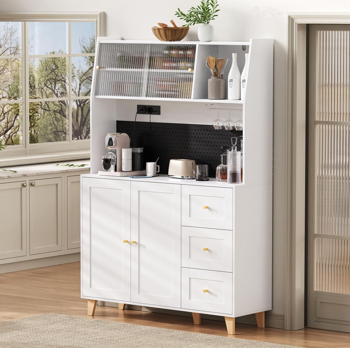 BUFFET 120x40x184 cm Weiß mit Fluted Glas & Ladestation - Weiß, Holzwerkstoff (120/184/40cm) - Modfu