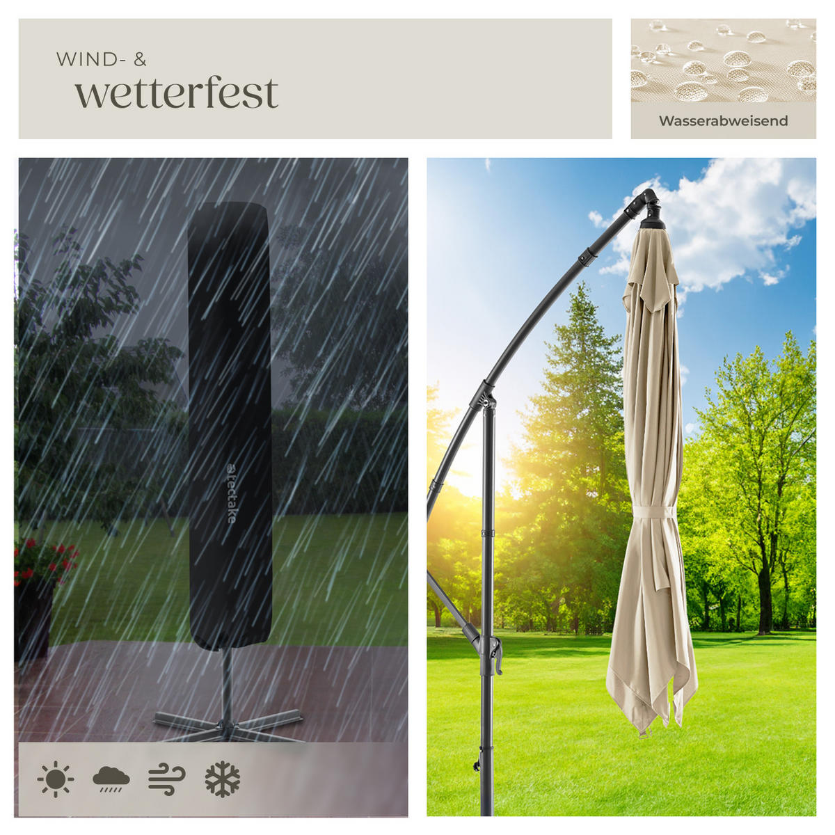 SONNENSCHIRM Apollon, inkl. Windsicherung und Schutzhülle, beige - Beige, Kunststoff (250/300cm) - tectake