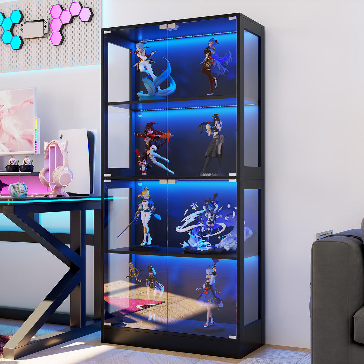 VITRINE mit LED-Beleuchtung, 4 Ebenen, Glasfront, Push-to-Open Türen 80/35/170 cm - Transparent/Schwarz, Glas/Holzwerkstoff (80/170/35cm) - EVRYAE