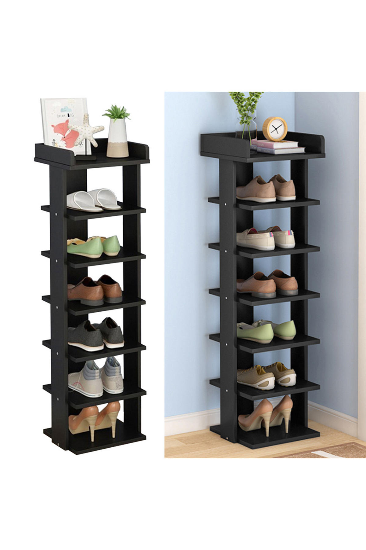 SCHUHREGAL 7-Stufige aus MDF in Schwarz Stabile Konstruktion Offene Ablage Platzsparendes Design 25 x 27 x 104 cm - Schwarz, Kunststoff (25/104/27cm) - Livingandhome