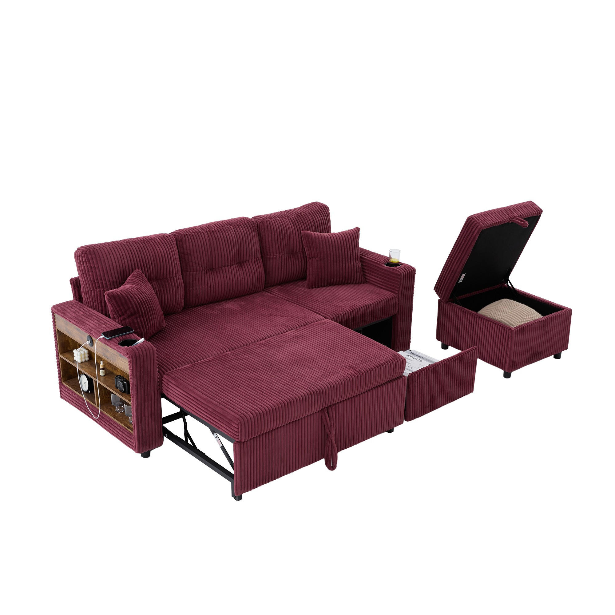 SCHLAFSOFA 3-er Sofa mit Schlaffunktion,Aufbewahrungshocker,Cord,Rot - Rot, Textil (196/85/119cm) - LVHOM