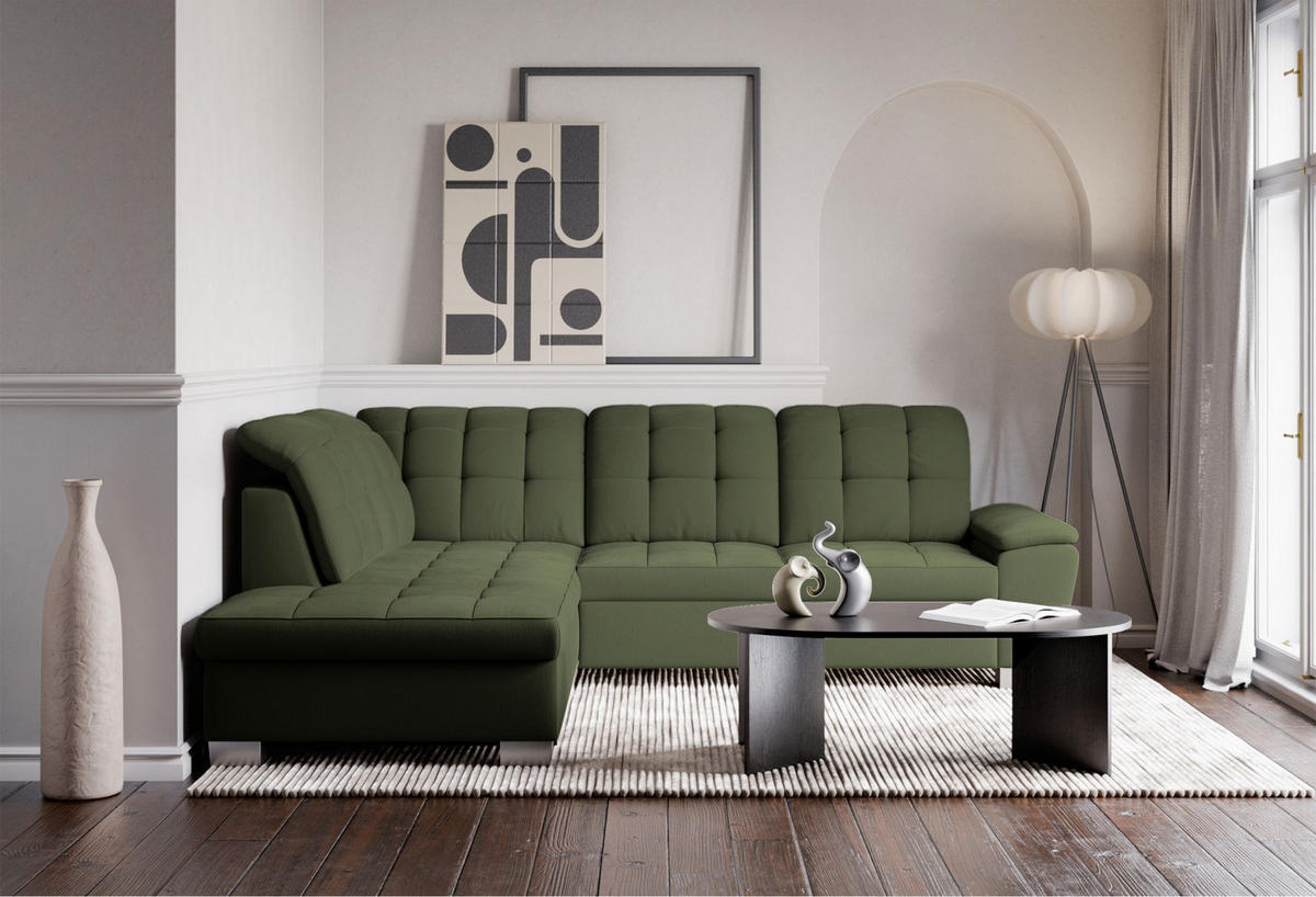 ECKSOFA Jamaal Khaki linksseitig - Schwarz/Grün, Textil (258/212cm) - Selsey