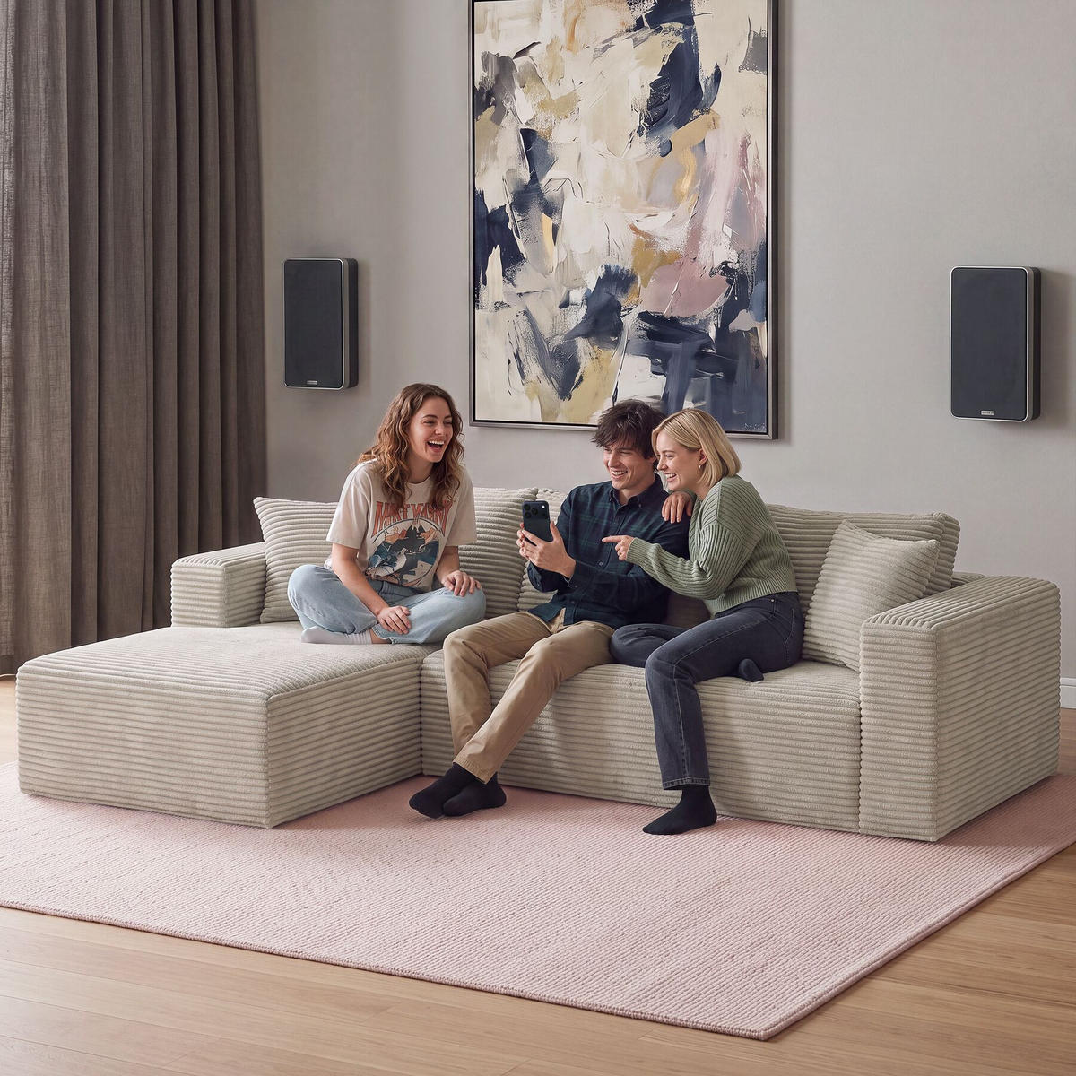 SOFA Relax, keine Montage, 250 cm Breite, Samtcord beige - Beige, Kunststoff/Textil (250/162cm) - tectake