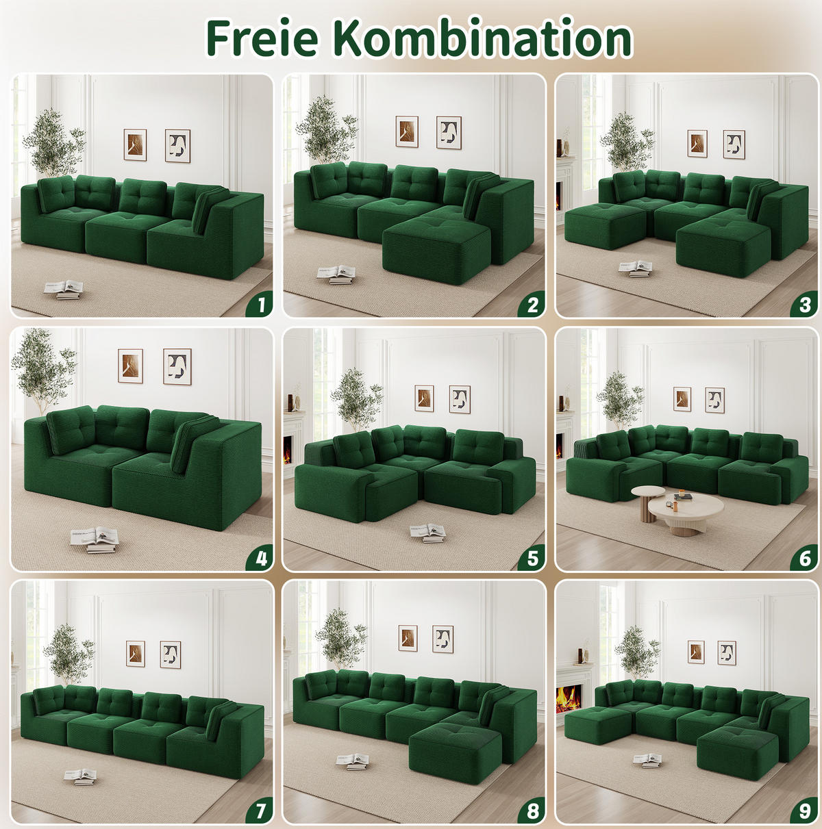 SOFA 386/104/69 cm in Grün aus Cord mit modularen Elementen - Grün, Textil (104/69/386cm) - Flora Grace