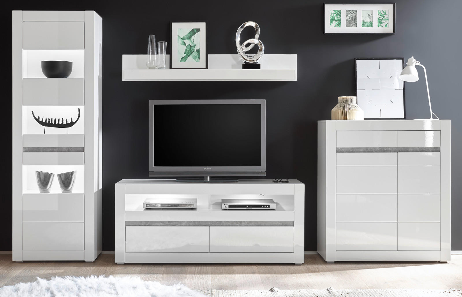 WOHNWAND weiß Hochglanz, Stone Design grau 4-teilig, Schrankwand mit Soft-Close - Weiß Hochglanz/Weiß, Glas/Holzwerkstoff (336/198/42cm) - Furn.Design