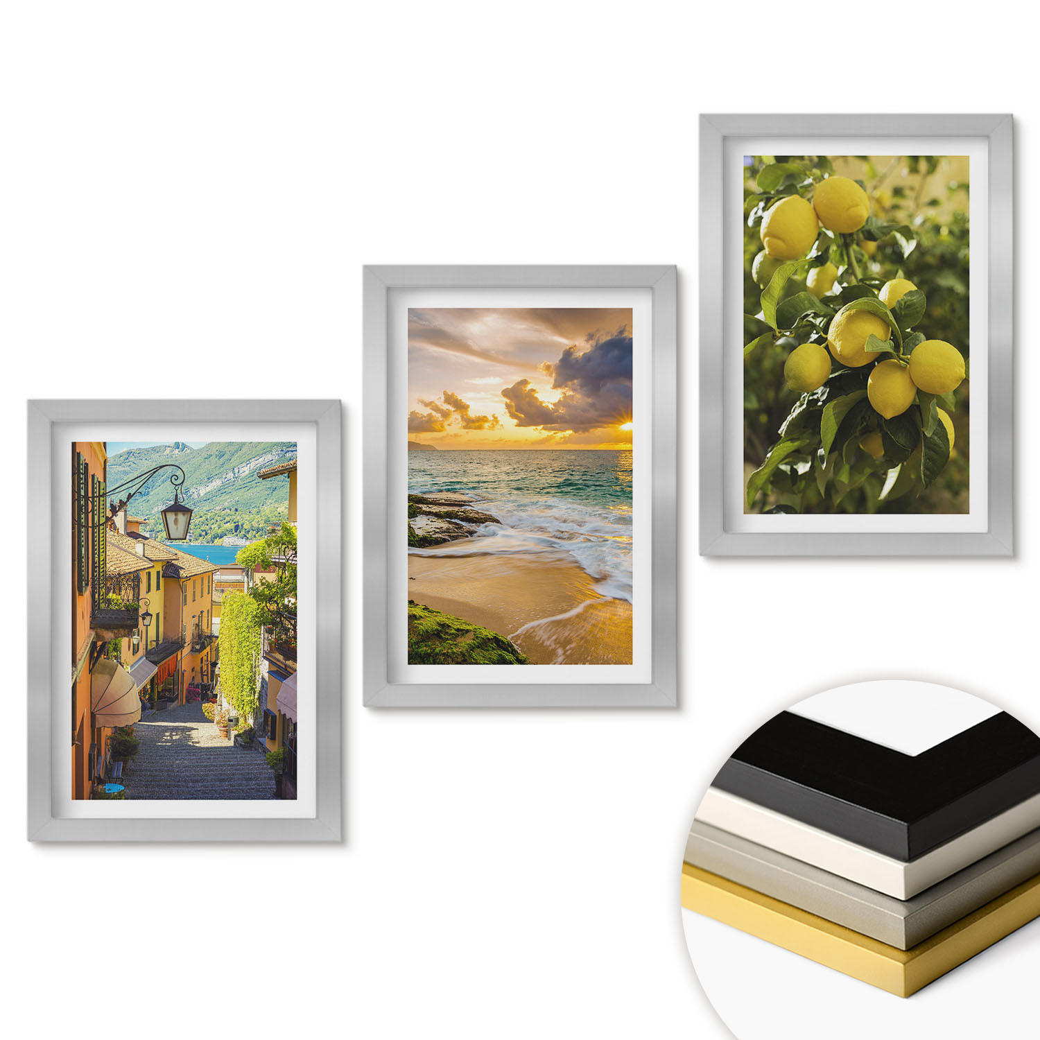 WANDBILDER 3er Set - 20x30 cm Silberner Rahmen - Straßen, Meer, Strand, Zitrusbäume - Silberfarben, Kunststoff (20/30cm) - ArtPrintCave