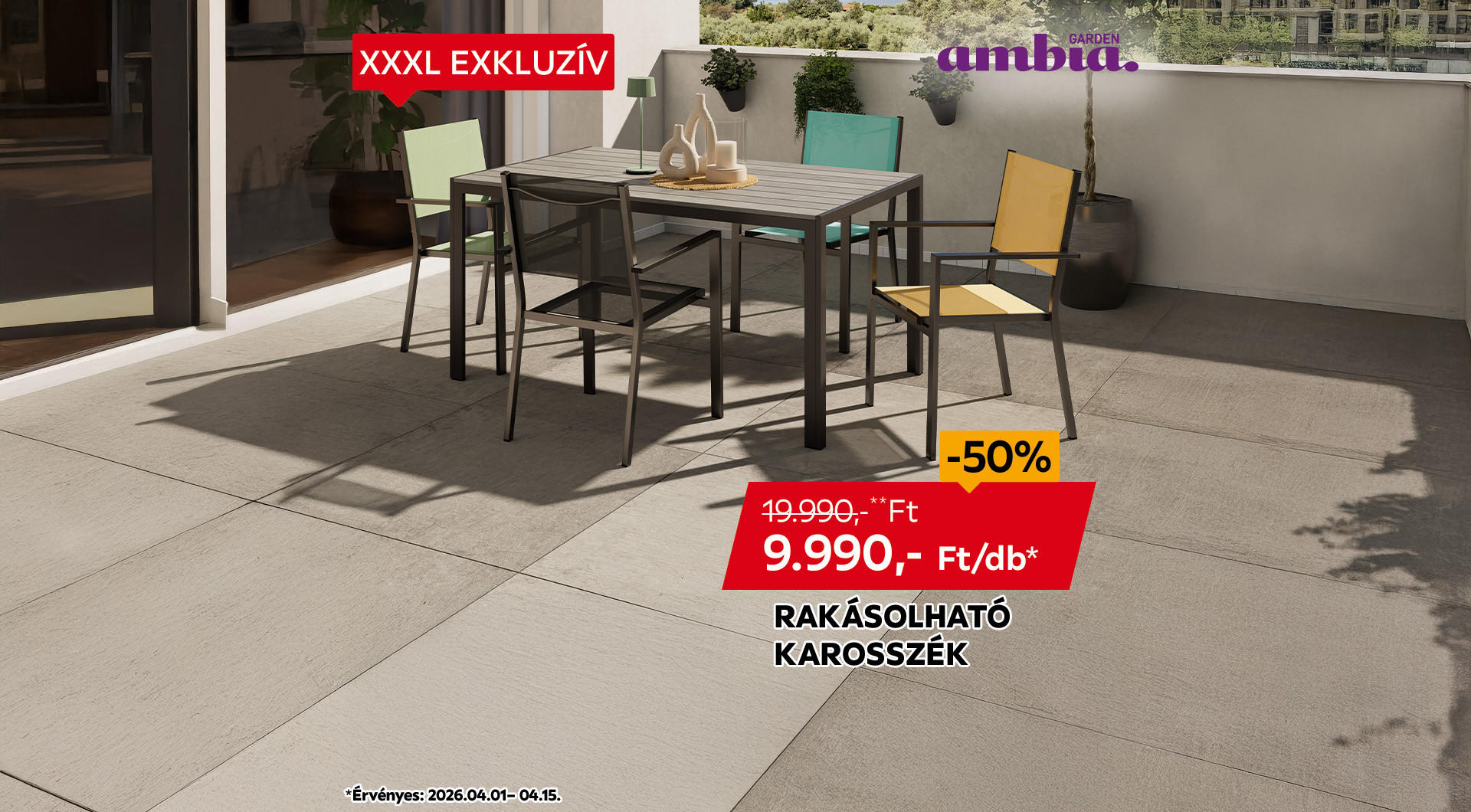 A rakásolható karosszék 2026.04.01-04.15. között 19.990 Ft helyett csak 9.990 Ft/db az áruházakban és online.