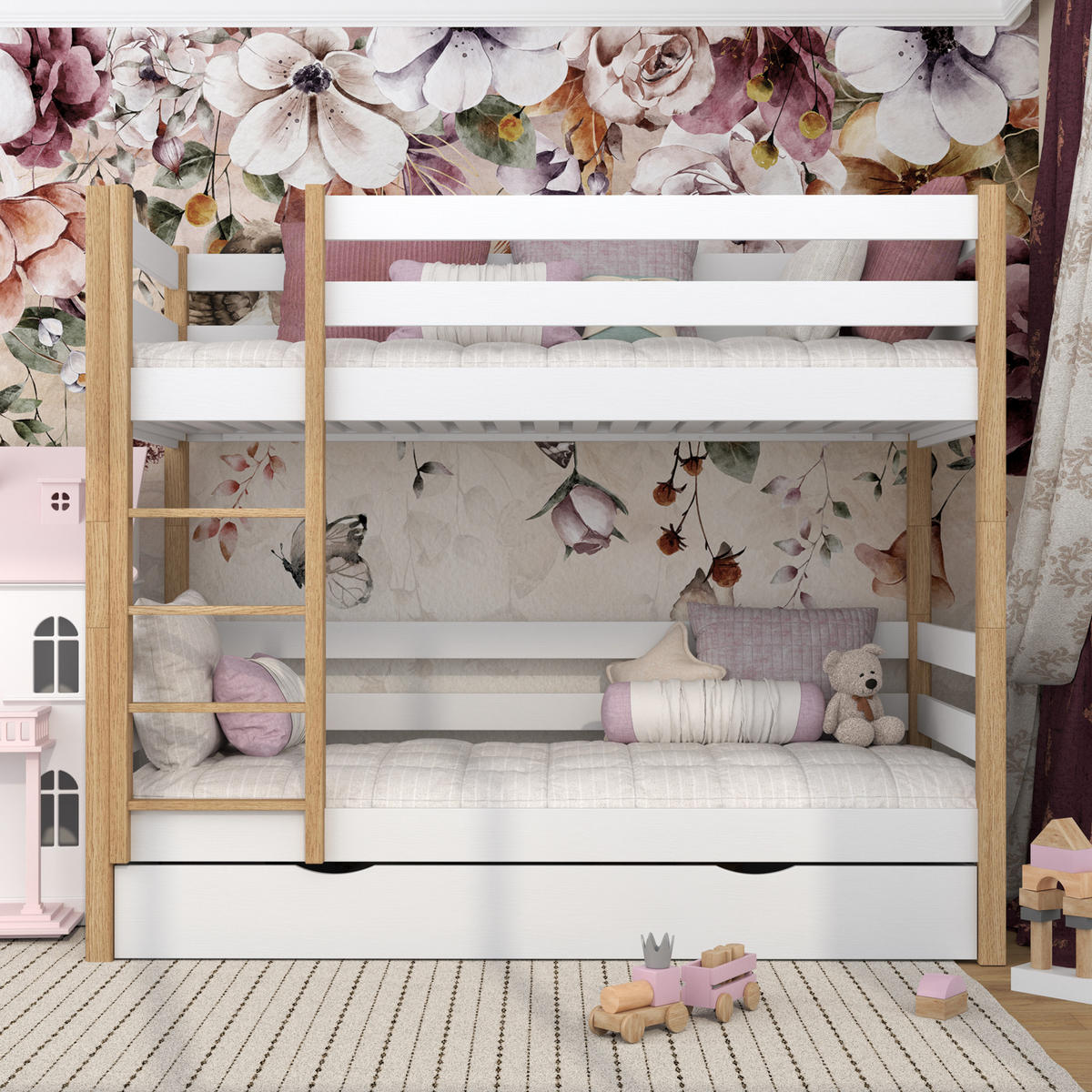 ETAGENBETT N01 mit Schublade Weiß / Eiche Natur 90/190 - Eiche Artisan/Weiß, Naturmaterialien/Holz (90/190cm) - N-Wood