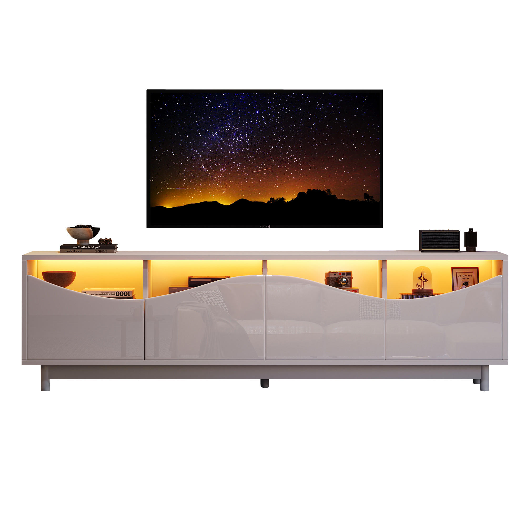 TV-SCHRANK 175x38cm geschwungenes Design Hochglanzweiß LED Glastür - Weiß, Holz (49/27.94/61.98cm) - FLIEKS
