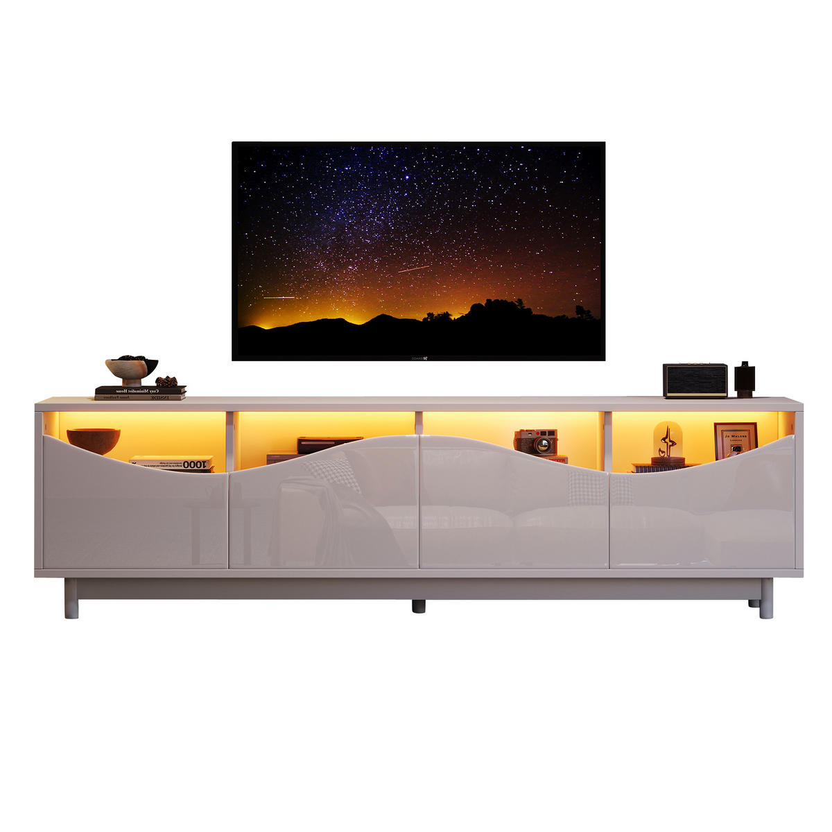 TV-SCHRANK 175x38cm geschwungenes Design Hochglanzweiß LED Glastür - Weiß, Holz (49/27.94/61.98cm) - FLIEKS