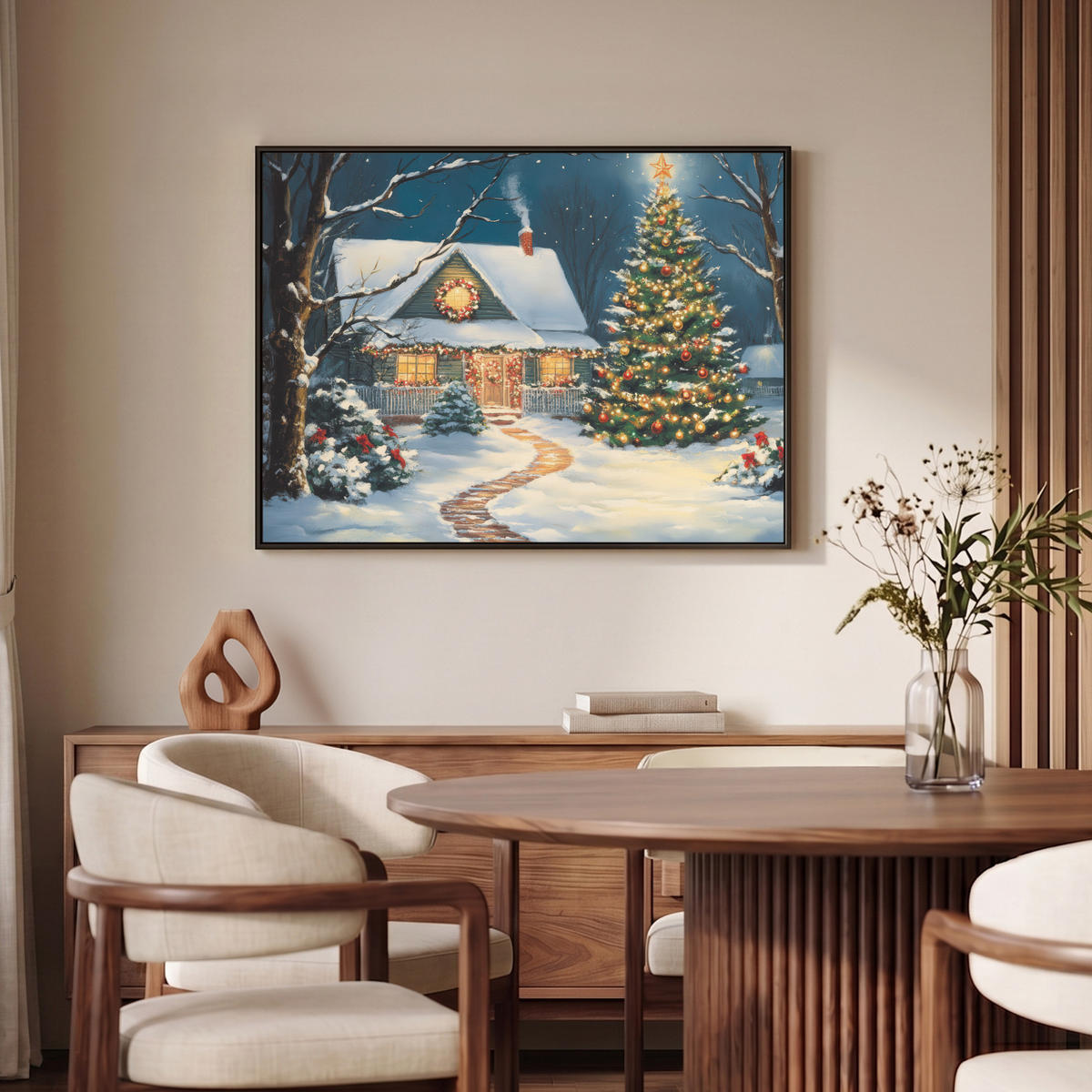 LEINWAND Bilder mit Rahmen - Weihnachten - Weihnachtsbaum - Winter - Zuhause - Schnee - 100x70 - Smaragdgrün, Textil (100/70cm) - MuchoWow