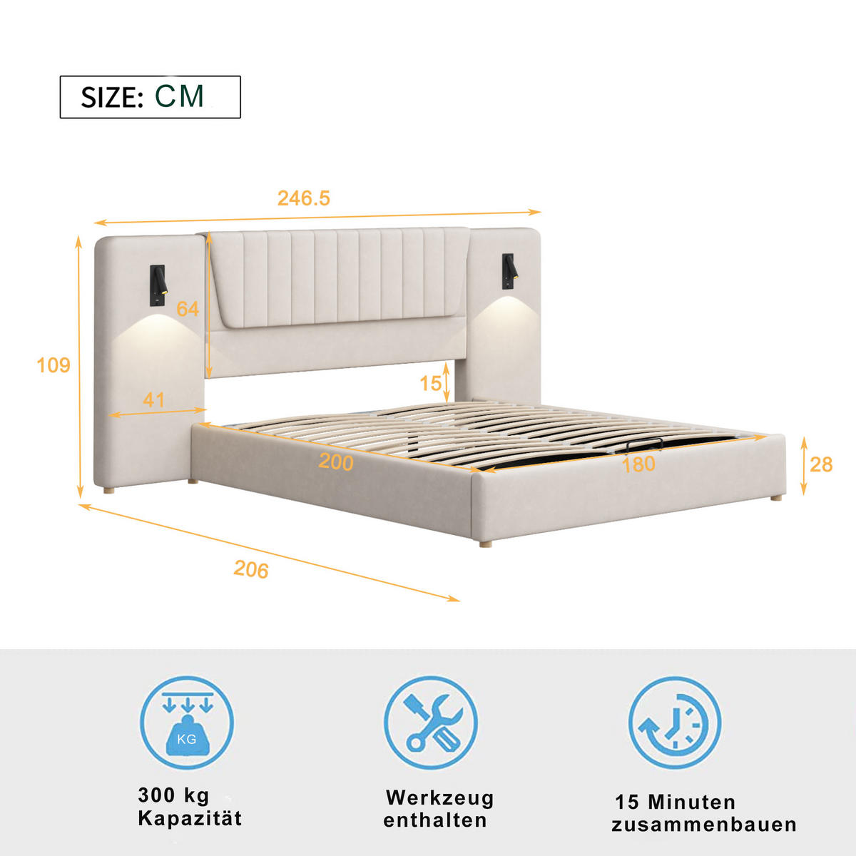POLSTERBETT 180/200 cm in Beige Samt mit Bettkasten, Leselampen und USB - Beige, Holzwerkstoff/Textil (180/200cm) - WISHDOR