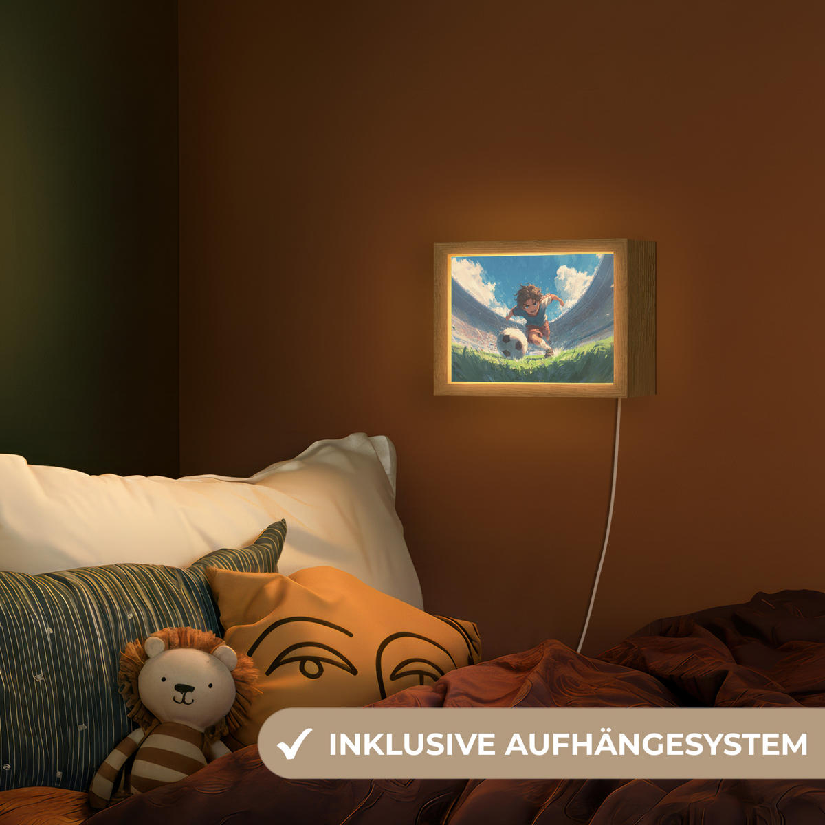 NACHTTISCHLAMPE Stadion - Fußballer - Ball 20x15 cm - Blau, Holzwerkstoff (8/20/15cm)