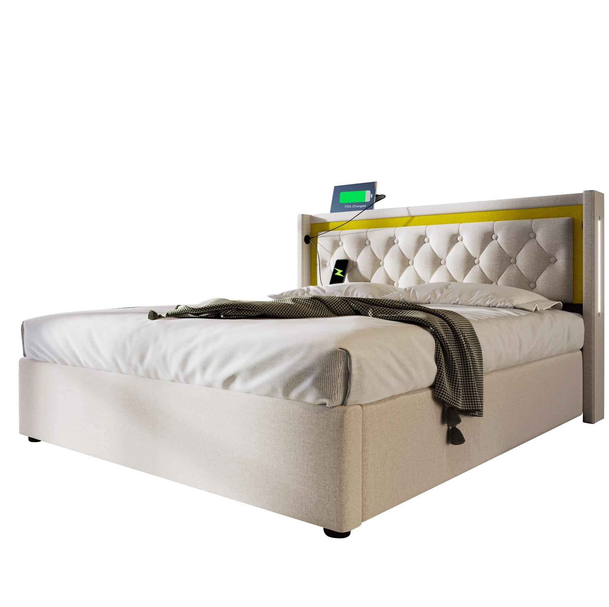ČALOUNĚNÁ postel 140/200 cm, světle béžová bavlna, s LED osvětlením a USB-C - béžová, textil (140/200cm) - BEAOK