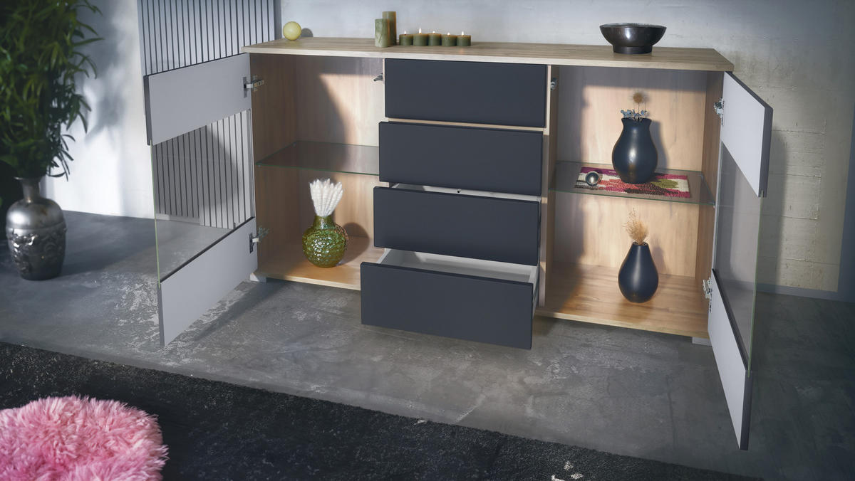 SIDEBOARD Bari Sandgrau Hochglanz - Sandfarben, Holzwerkstoff (138.5/75.5/35cm) - Vladon