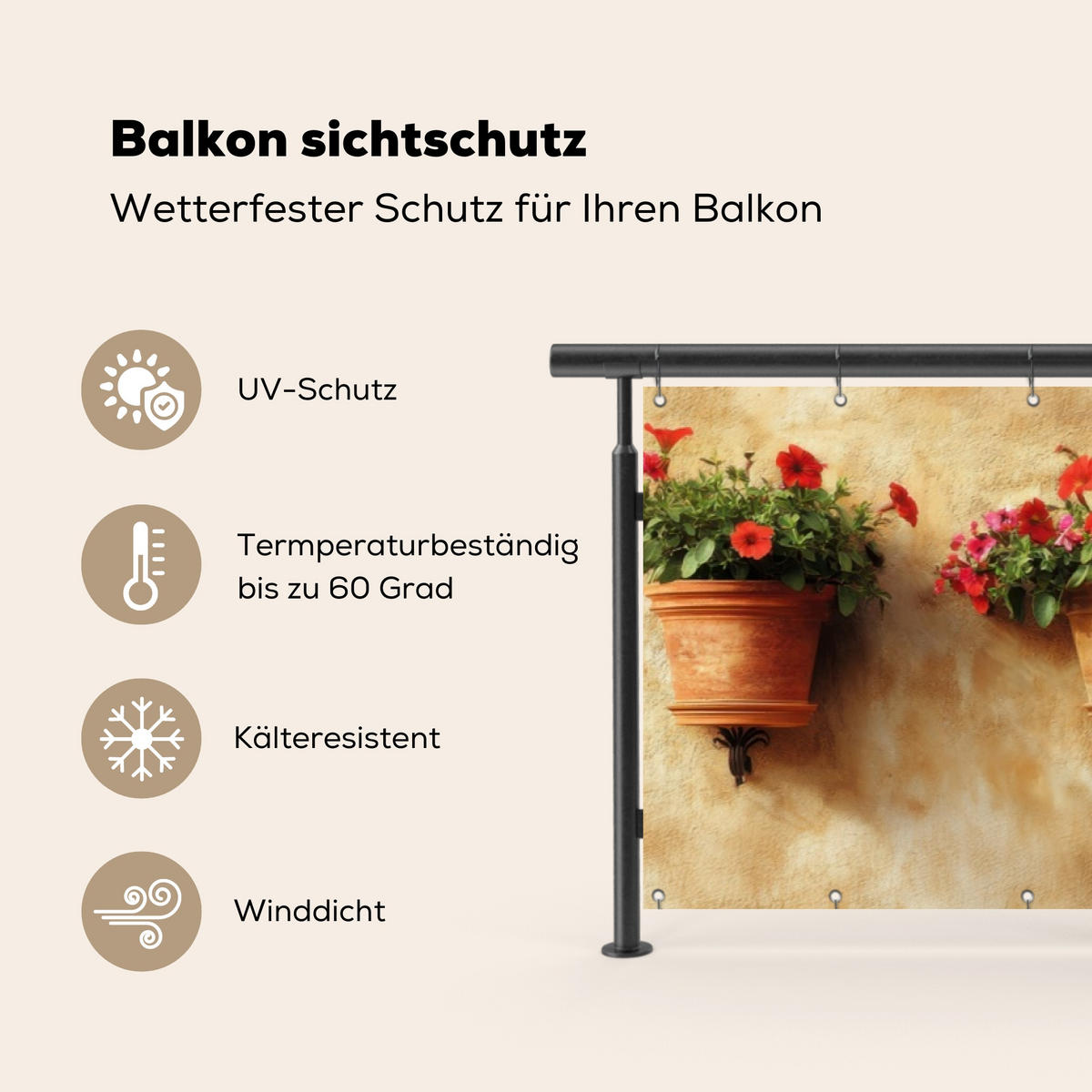 BALKON-SICHTSCHUTZ Blumentöpfe - Wand - Vintage - Terra cotta, Kunststoff (500/130cm) - MuchoWow