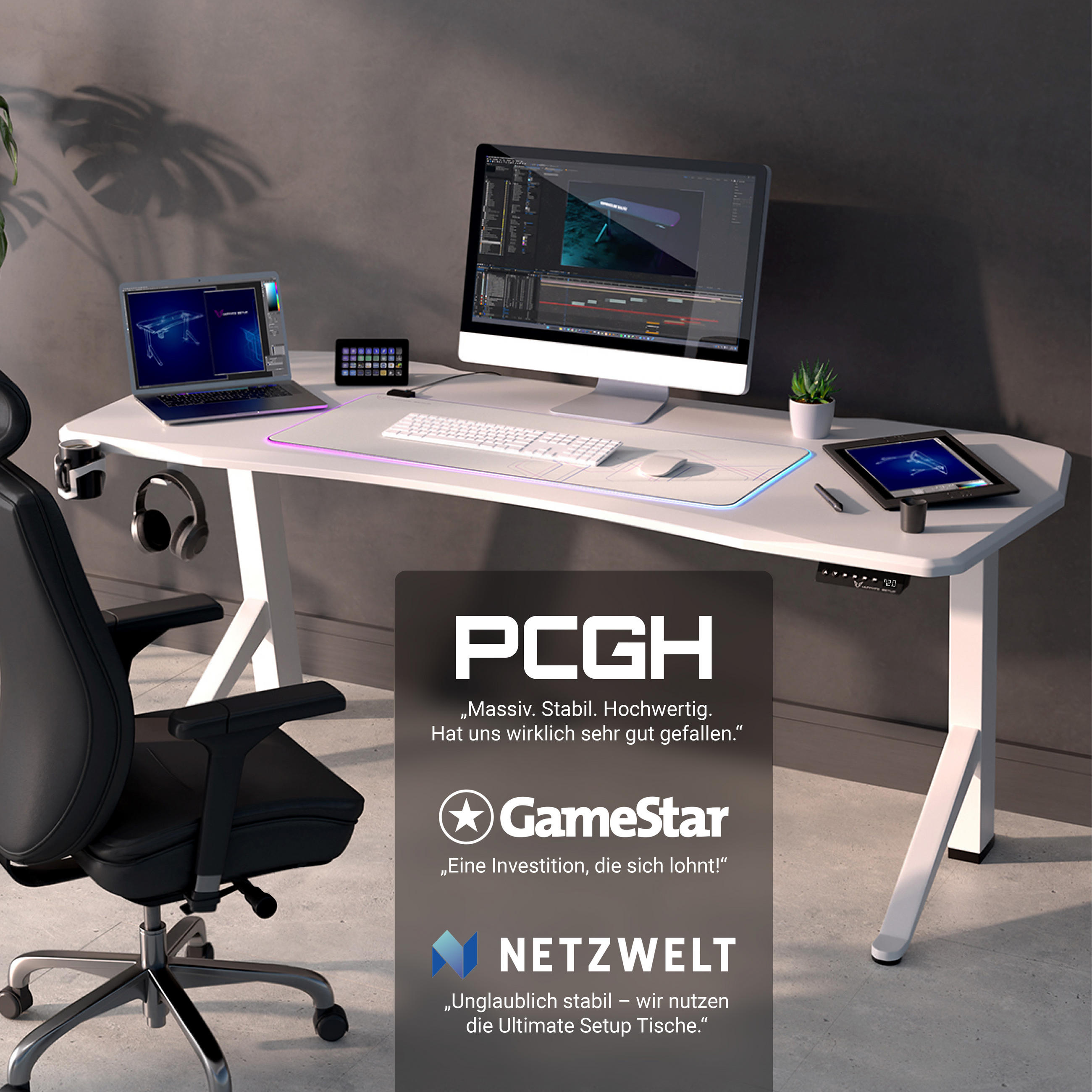 GAMING Tisch höhenverstellbar elektrisch 180x80 cm, Weiß - Weiß, Kunststoff (180/80/120cm) - Ultimate Setup