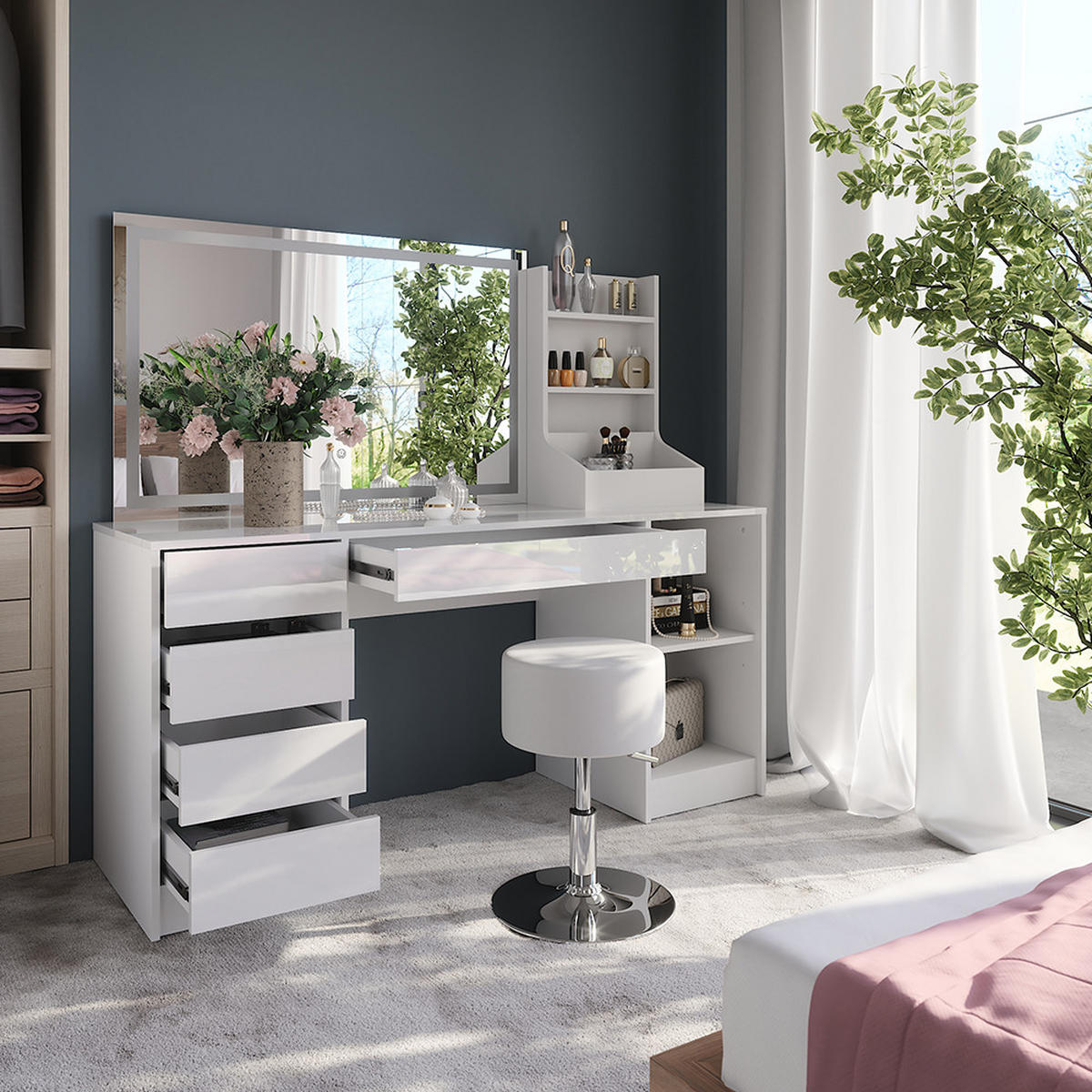 SCHMINKTISCH Sherry Weiß/Weiß Hochglanz 158.2 cm 4 Teile - Weiß Hochglanz, Holzwerkstoff (158.2/76/50.1cm) - Vicco