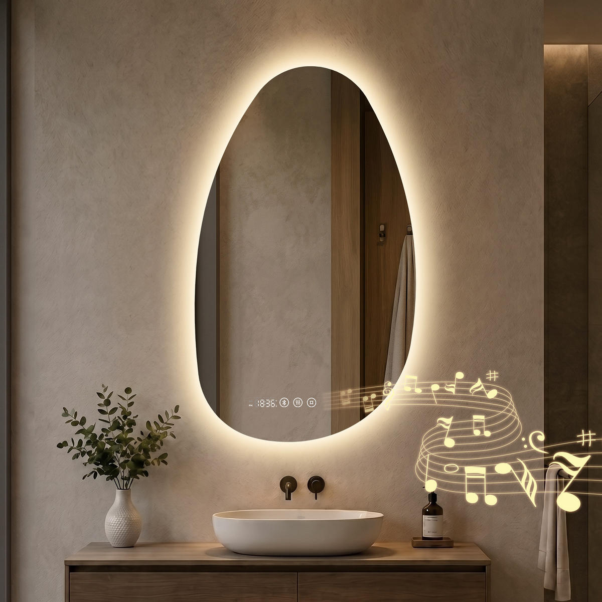 BADSPIEGEL MIT BELEUCHTUNG 85/50 cm asymmetrisch Bluetooth LED mit Antibeschlag - Transparent, Glas (85/50/3cm) - S'AFIELINA