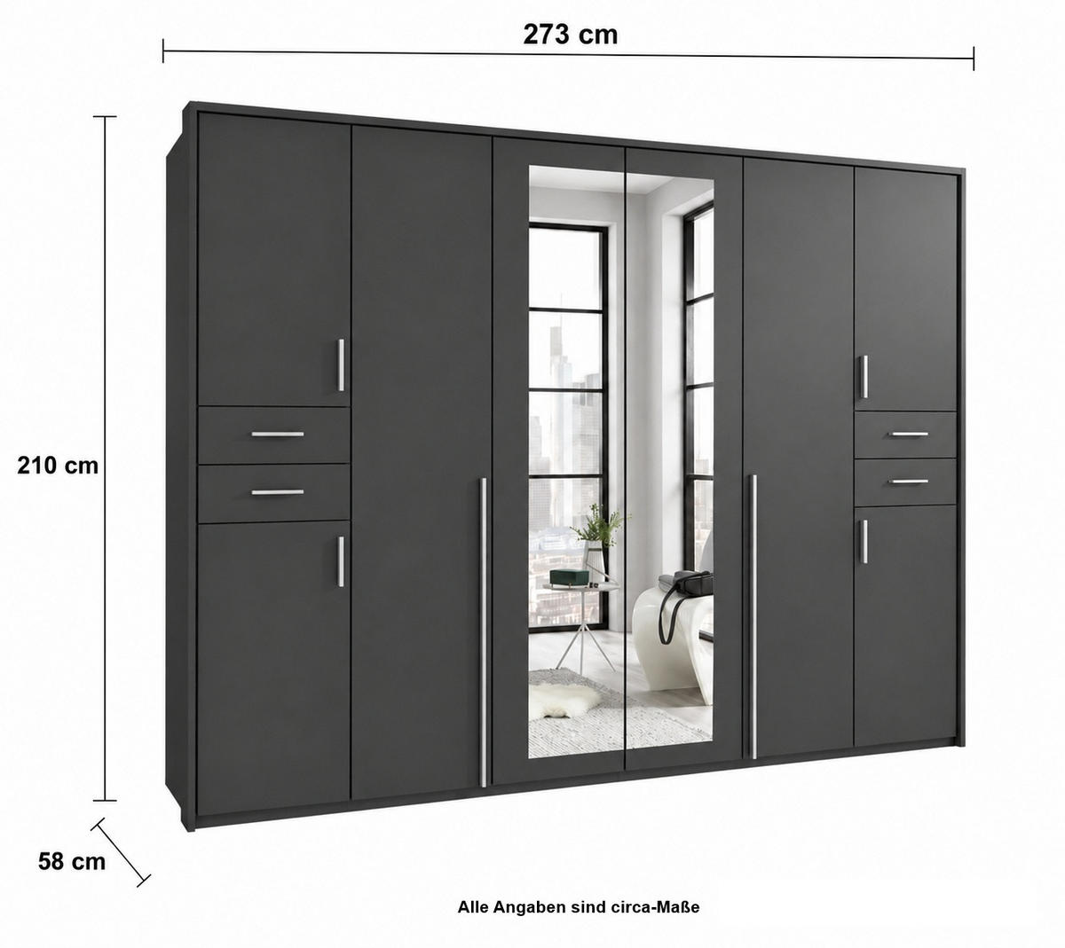DREHTÜRENSCHRANK Kleiderschrank B273/H210/T58 cm mit Schubkästen & Passepartout & 2 Spiegeltüren, Grafit / 22577 - Silberfarben/Graphitfarben, Holzwerkstoff/Kunststoff (273/210/58cm) - luma-home
