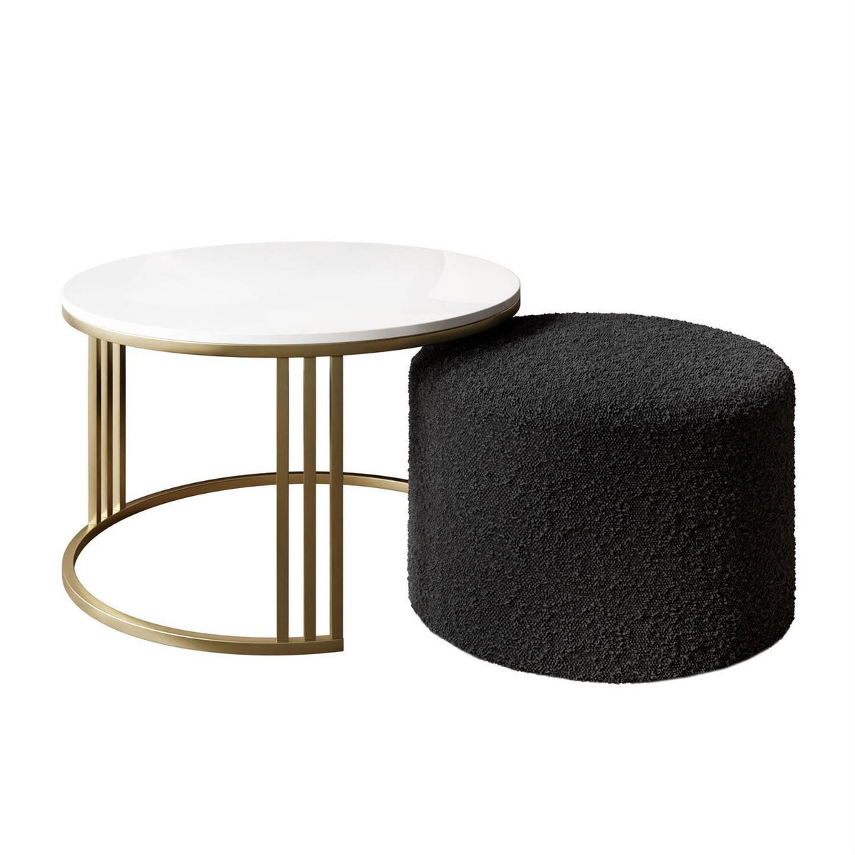 COUCHTISCH mit Hocker LORI Hochglanz gebürstetes Gold/weißer Glanz/Coral 60 - Weiß, Metall (70/70/49cm) - Lookway