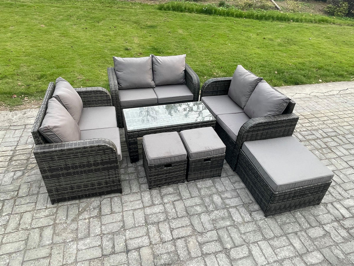 GARTENSOFA SET mit rechteckigem COUCHTISCH Polyrattan 9-Sitzer Dunkelgrau - Dunkelgrau/Grau, Glas/Kunststoff - Fimous